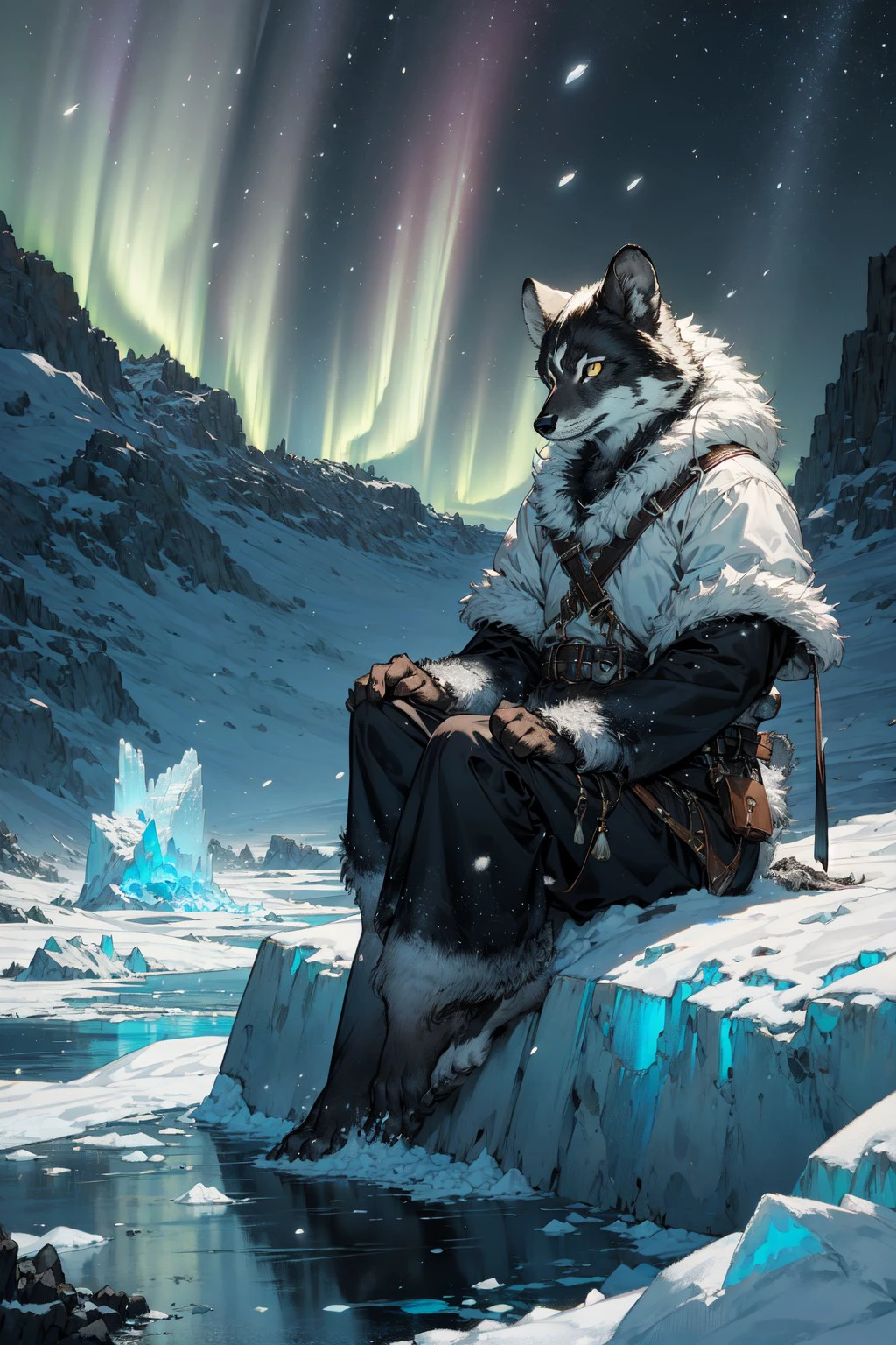 (masterpiece, best quality, detailed, high definition, aesthetic, vibrant colors), (1girl:1.2), sitting, (eskimo), (tribal, primitive:1.2), (furs), leather clothing, glacier, arctic ocean, starry night, (aurora), snow, snowing, ice, cold, blizzard, (icebergs), prehistoric, (fluffy), fur footwear, ear muffs <lora:1girlDistortionLU:1.2>