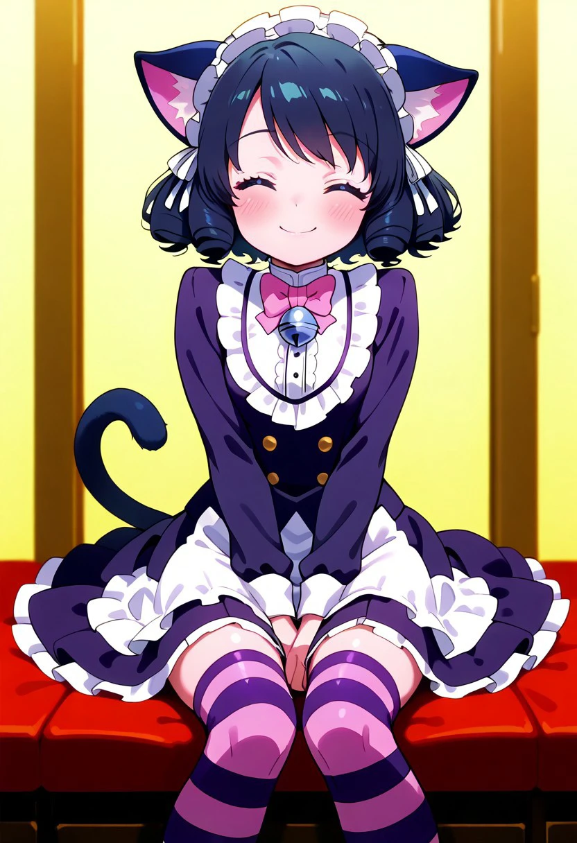 masterpiece, best quality, 
1girl, solo, blush, smile, short hair, black hair, thighhighs, dress, bow, animal ears, sitting, tail, closed eyes, striped, cat ears, cat tail, maid headdress, bell, cat girl, striped thighhighs, curly hair,