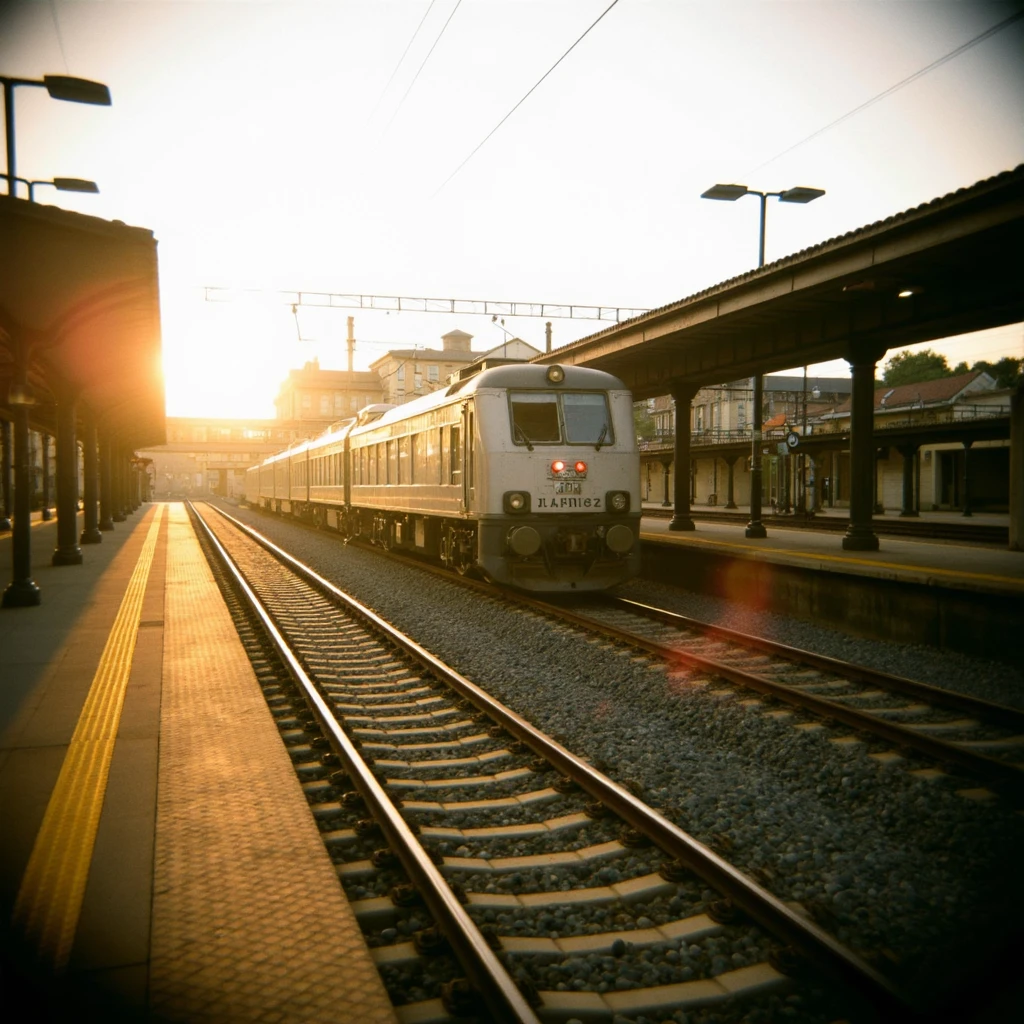 Shot with a Holga camera, a train station platform at sunset, with an old locomotive waiting on the tracks, soft golden light spilling over the scene and subtle lens imperfections enhancing the nostalgia.