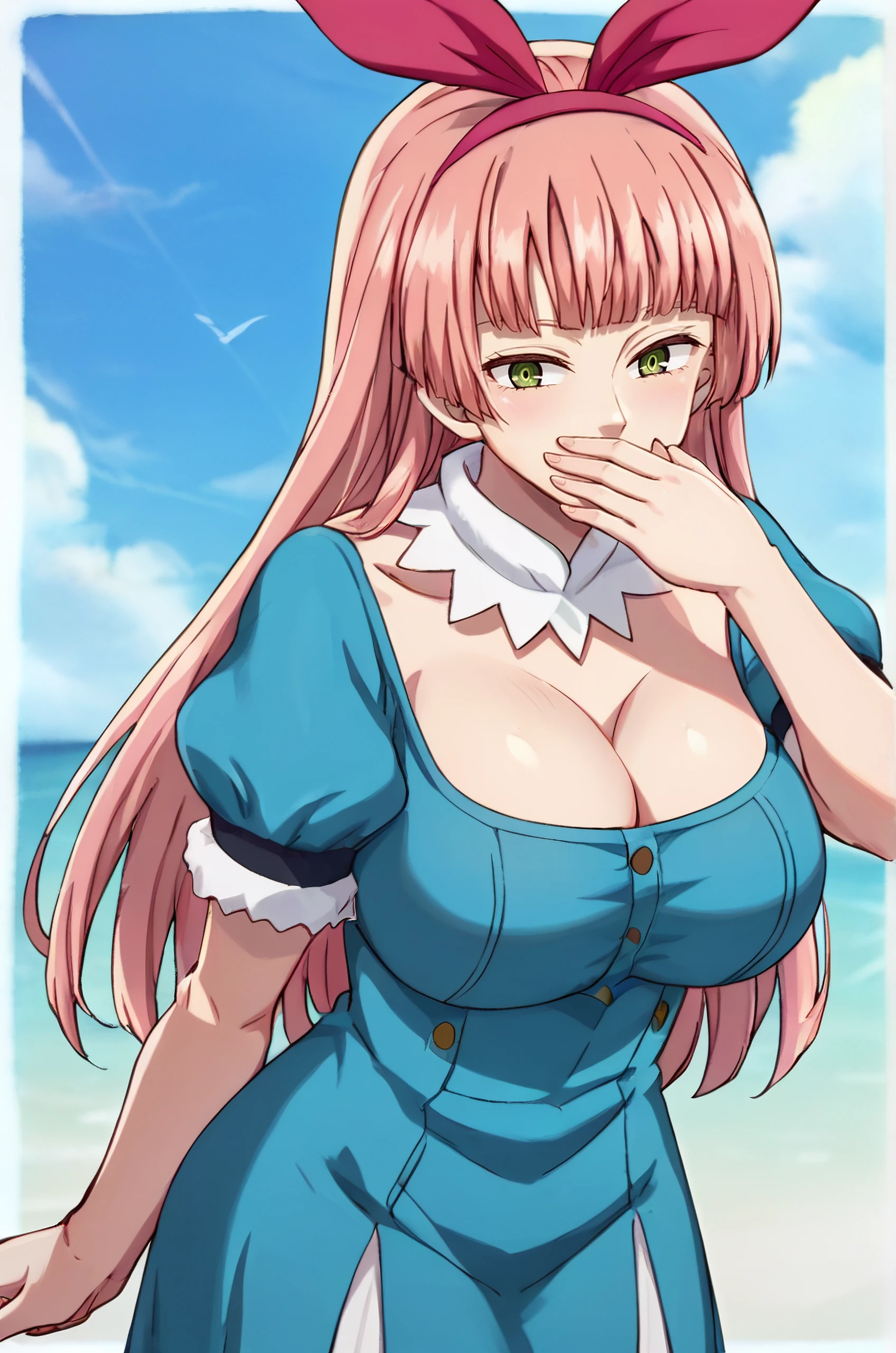 score_9, score_8_up, score_7_up, anime coloring, detailed, Isolde, 1girl, solo, long hair, bow hair, (large breasts:1), green eyes, (black eyes), pink hair, blunt bangs, red hairband, tall woman, perfect eyes, perfect hands, perfect hair, <lora:Isolde_four_knights_of_the_apocalypse-000006:0.9> bear neck, blue dress, cleavage, Hidden Smile, covering mouth with fingers,  smiling coyly. jitome,