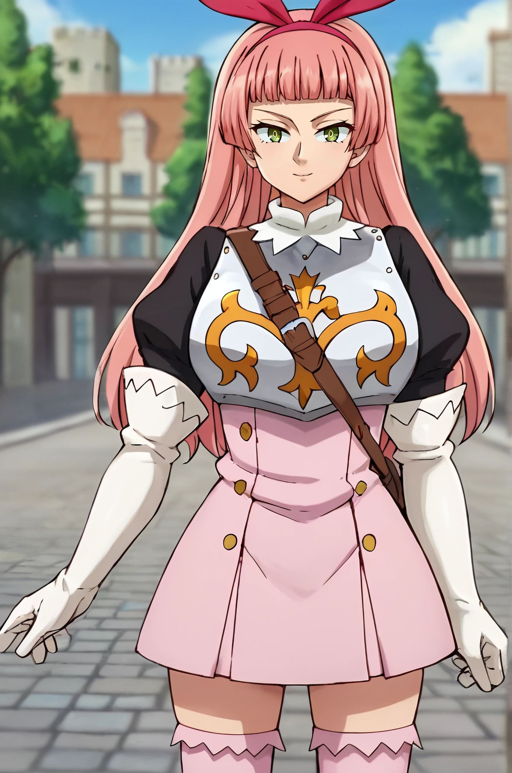 score_9, score_8_up, score_7_up, official style, anime coloring, detailed, Isolde, 1girl, solo, long hair, bangs, bow hair, large breasts, green eyes, pink hair, blunt bangs, red hairband, tall woman, (perfect eyes), perfect hands, <lora:Isolde_four_knights_of_the_apocalypse-000006:0.7> standing, pink thigh-highs, gloves, elbow gloves, black puffy sleeves, white gloves, armor, looking at viewer, pink dress, breastplate, simple background,  tree, city, stone street, sky, day, cute poses,