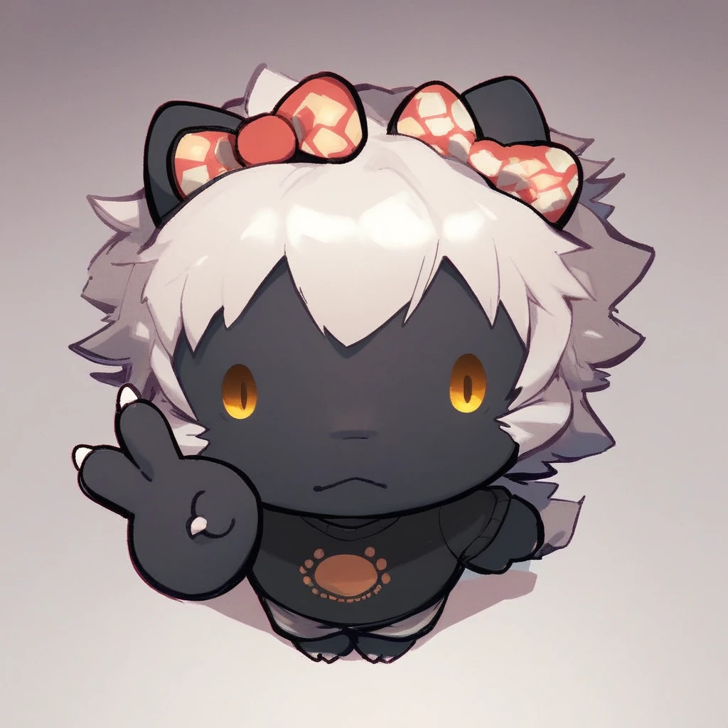 score_9, score_8, score_9_up, mikus-concept, hair bow, high-angle view, looking at viewer, dot eyes, v sign, black fur, dragon, furry, yellow eyes, white hair, white horns, black sweater, gray shorts