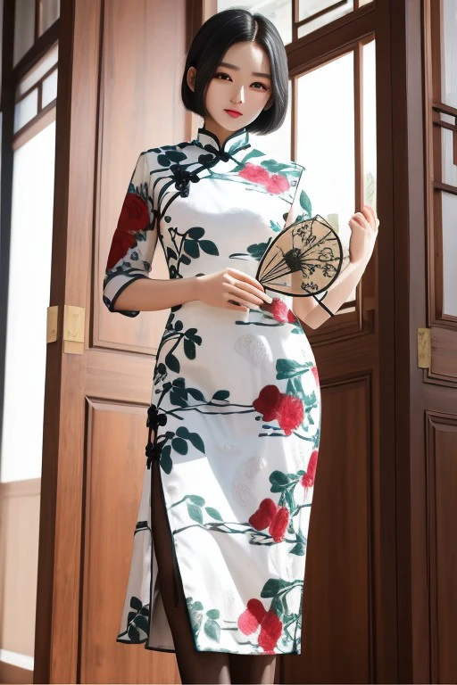 一件绿红印花白旗袍 v6
