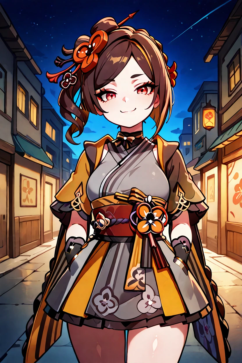 masterpiece, best quality, 32k, high resolution, absurdres, medium breasts, (curvy), cute, eyelashes, vivid colors, BREAK  ,,, zzChiori, chiori (genshin impact), brown hair, hair ornament, red eyes, flower, hair flower, gloves, japanese clothes, sash, obi, <lora:ChioriGenshinIXL:1.0>,,, ,,, stars, night, luminescent background, city, back alley, smug, hands in pockets, smile, looking at viewer, shiny skin, <lora:GoldenCATLoraIXL:0.6>, <lora:princess_xl_v2:0.3>,