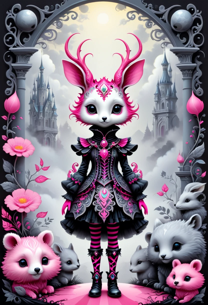 Fantasy character with animal head and ornate body patterns, heaven, location nature print, Michael Whelan, arthw24cute, Skottie Young, gloss finish accents, evoking a sense of charm and mystery, expressive style,, The colors include vibrant pinks, pastels, repeating, black and gray tones, showcasing the design in a Victorian style, vignette effect, her aura expanding and fading into a spectrum of colors  <lora:artfully_SELECTED:0.505>