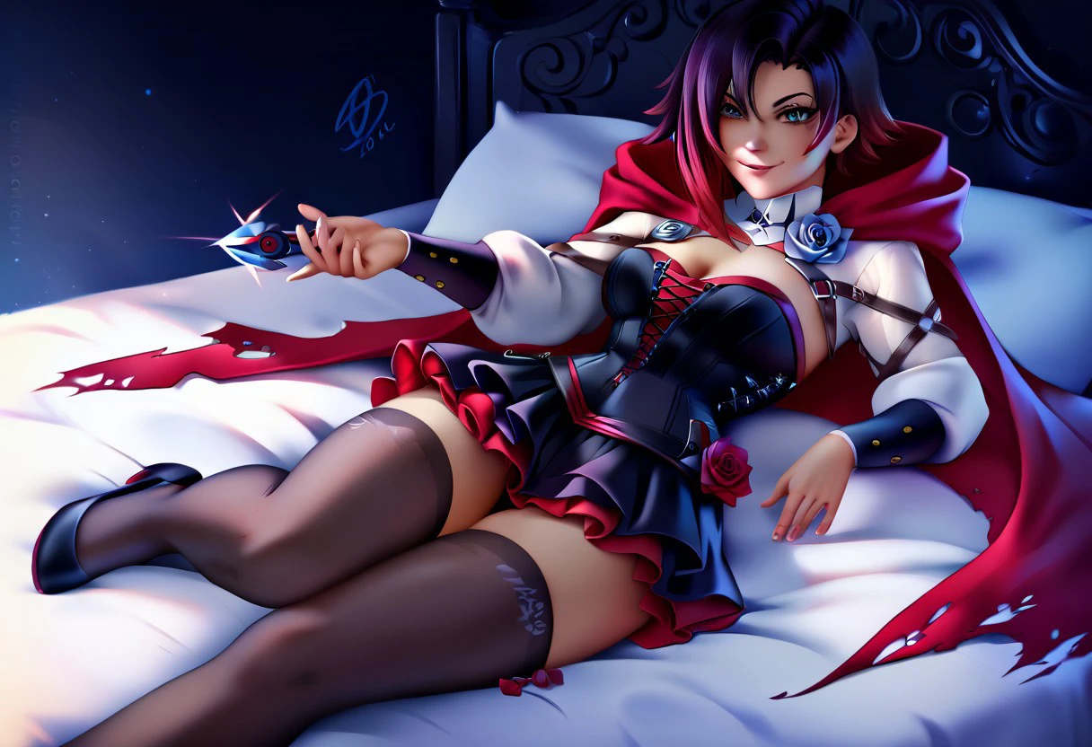 1girl,score_9, score_8_up, score_7_up,score_6_up, Expressiveh, 1dk, score_9, solo,  perfection, perfect hands, realism, zoomed out, medium breasts,  full body view, smirk,
on bed,  mistralrose,
red cape, black dress, corset, white shirt, long sleeves, black skirt, black thighhighs, bandolier