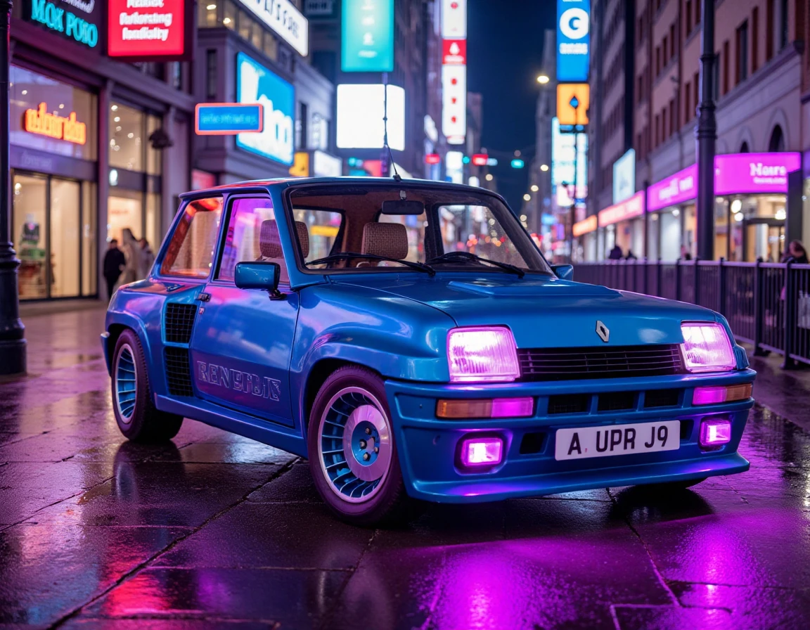 r3nault5, An electric blue Renault 5-inspired car is parked under the neon glow of a bustling city street. Purple LED accents run along its side skirts and grille, matching the vibrant neon signs and holographic billboards overhead. The car’s metallic paint reflects the city’s kaleidoscope of lights, blending seamlessly into the futuristic environment. Wet pavement glimmers underfoot, amplifying the car’s sleek, high-tech aesthetic. Cinematography inspired by "Blade Runner 2049," with a neon-drenched palette and a mix of urban chaos and refined detail.