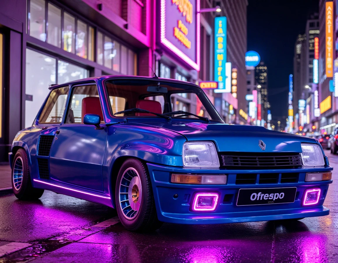 r3nault5, An electric blue Renault 5-inspired car is parked under the neon glow of a bustling city street. Purple LED accents run along its side skirts and grille, matching the vibrant neon signs and holographic billboards overhead. The car’s metallic paint reflects the city’s kaleidoscope of lights, blending seamlessly into the futuristic environment. Wet pavement glimmers underfoot, amplifying the car’s sleek, high-tech aesthetic. Cinematography inspired by "Blade Runner 2049," with a neon-drenched palette and a mix of urban chaos and refined detail.