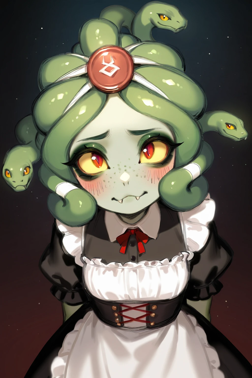 feminine, masterpiece, best quality, newest, absurdres, highres, dusa, gorgon, bandage, medallion, snakehair, maid outfit, blush, looking at viewer,
BREAK
dark background, dynamic background,  <lora:Dusa_IL:1>