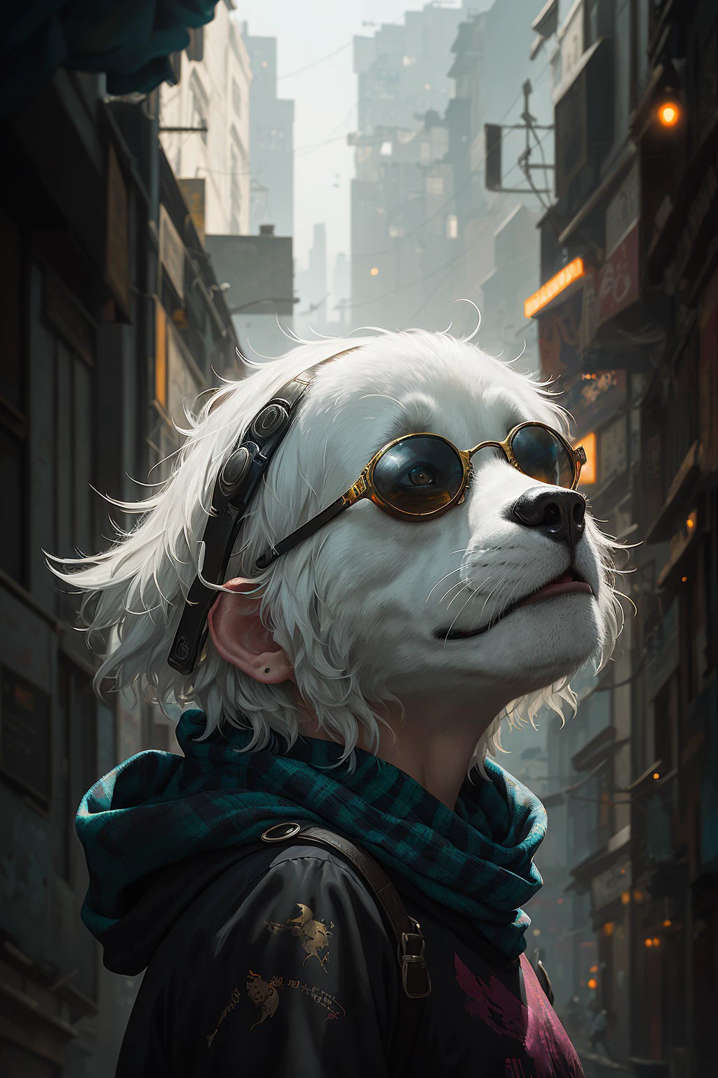 (dark shot:1.1), 1girl, epic realistic, portrait of halo, sunglasses, blue eyes, tartan scarf, white hair by atey ghailan, by greg rutkowski, by greg tocchini, by james gilleard, by joe fenton, by kaethe butcher, gradient yellow, black, brown and magenta color scheme, grunge aesthetic!!! graffiti tag wall background, art by greg rutkowski and artgerm, soft cinematic light, adobe lightroom, photolab, hdr, intricate, highly detailed, (depth of field:1.4), faded, (neutral colors:1.2), (hdr:1.4), (muted colors:1.2), hyperdetailed, (artstation:1.4), cinematic, warm lights, dramatic light, (intricate details:1.1), complex background, (rutkowski:0.66), (teal and orange:0.4) <lora:1girlDistortionLU:1.0>