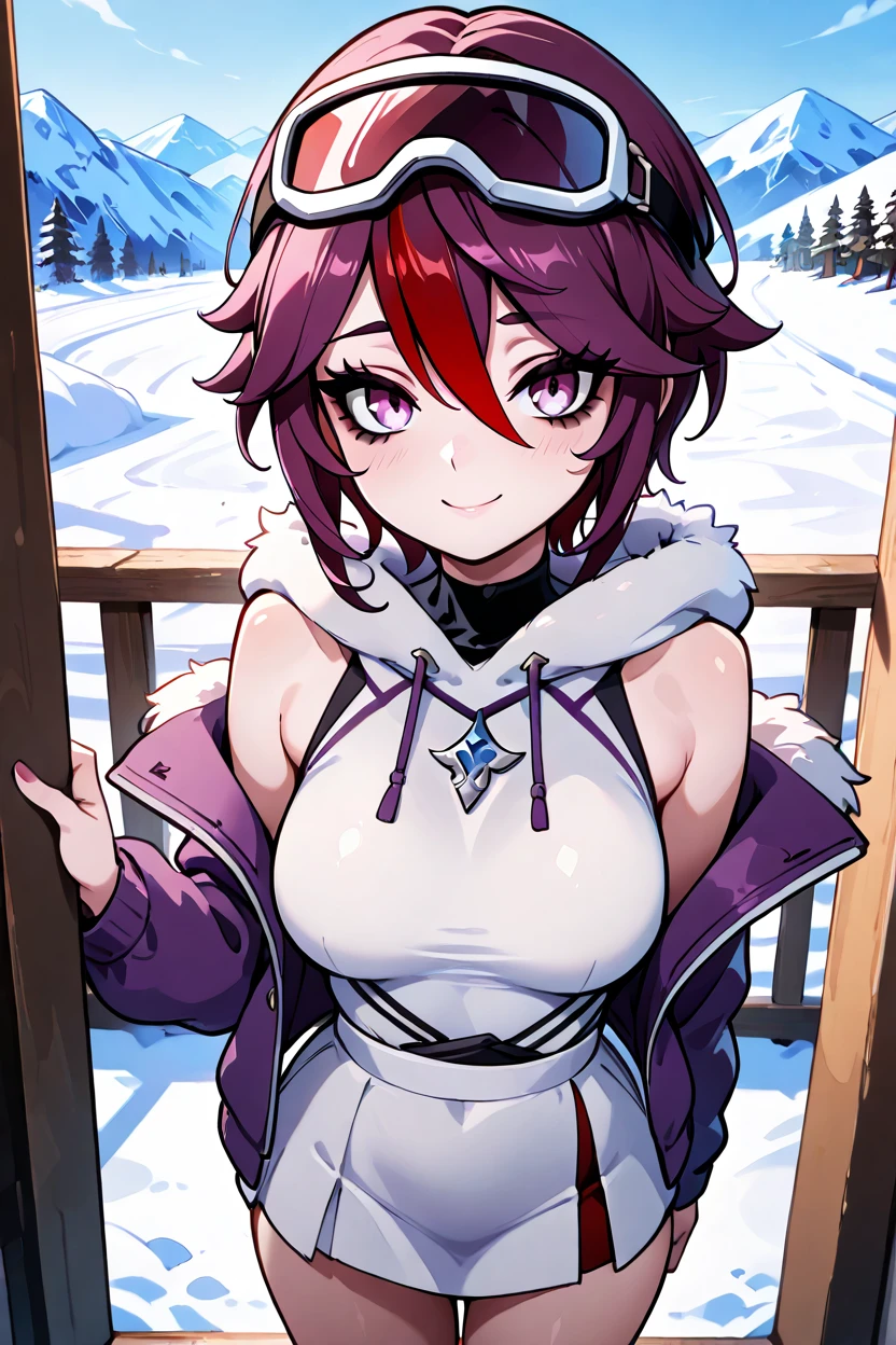 masterpiece, best quality, 32k, high resolution, absurdres, medium breasts, (curvy), cute, eyelashes, vivid colors, BREAK  ,,, zzRosaria, rosaria (genshin impact), solo, bags under eyes, hair between eyes, long eyelashes, multicolored hair, purple eyes, purple hair, red hair, short hair, streaked hair,  <lora:RosariaGenshinIXL:1.0>,,,,,, tiny woman, small woman , petite, short body, skinny, cute girl, pretty girl, innocent girl, snowbunnies,  ski resort mountaintop,  instagram model, fur trim, jacket,  next to snowboard, ski goggles on head, detailed face, perfect makeup, long eyelashes, skirt, fit body, smile, shy, looking at viewer, high angle, <lora:GoldenCATLoraIXL:0.6>, <lora:princess_xl_v2:0.3>, <lora:snowbunnies:0.8>,