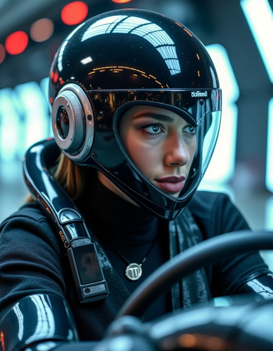 <lora:dua_lipa_dev_f1:1> wearing a turtle neck sweater,  Action shot of a woman piloting a futuristic mech suit from within, her face obscured by a sleek helmet, but her gleaming cyberpunk-inspired skin visible through the visor, surrounded by a halo of bright lights and energy emanating from the machine's high-tech systems.