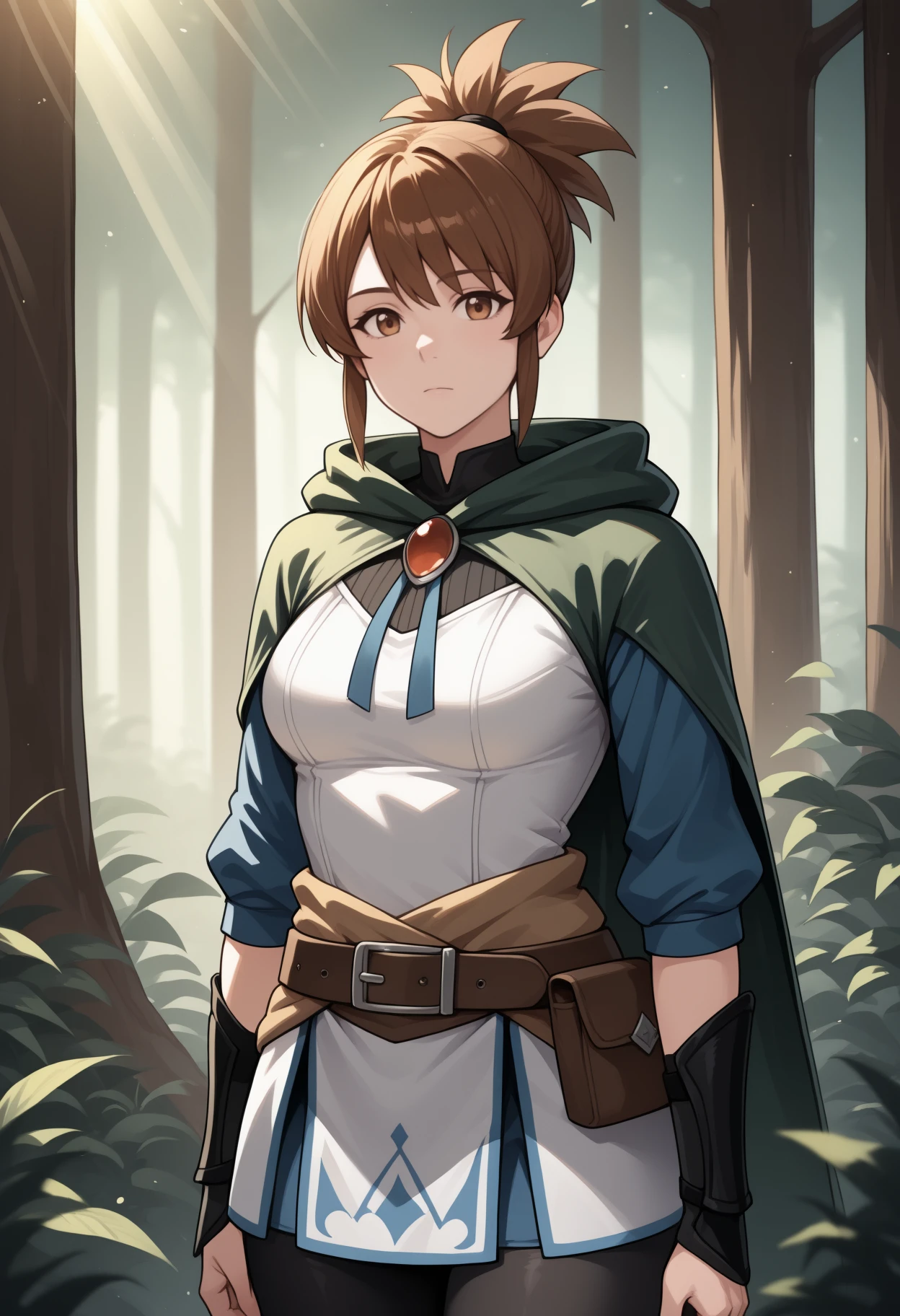 masterpiece, best quality, <break> solo, 1girl, m4rci, expressionless, looking at viewer, standing, arms at sides, short hair, brown hair, ponytail, brown eyes, green cape, hooded cape, shrug \(clothing\), blue jacket, sleeves past elbows, white shirt, brooch, brown belt, vambraces, black leggings, medium breasts, outdoors, forest, light rays
<segment:yolo-Anzhc Face seg 640 v2 y8n.pt,0.4,0.5//cid=1>