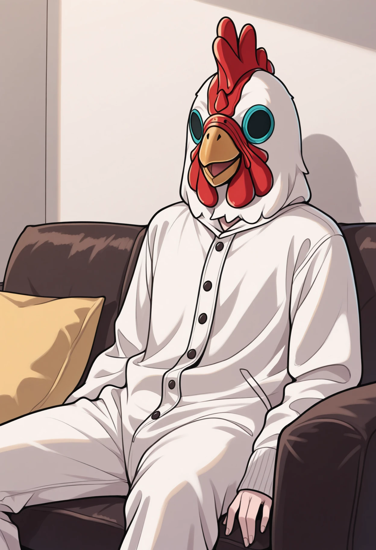 masterpiece, best quality, 1boy, solo, JacketHotlineMiami, mask, onesie, chicken costume, indoors, sitting, lounging, on couch, living room, <lora:ChamJacketHMIllustriousXL:1>