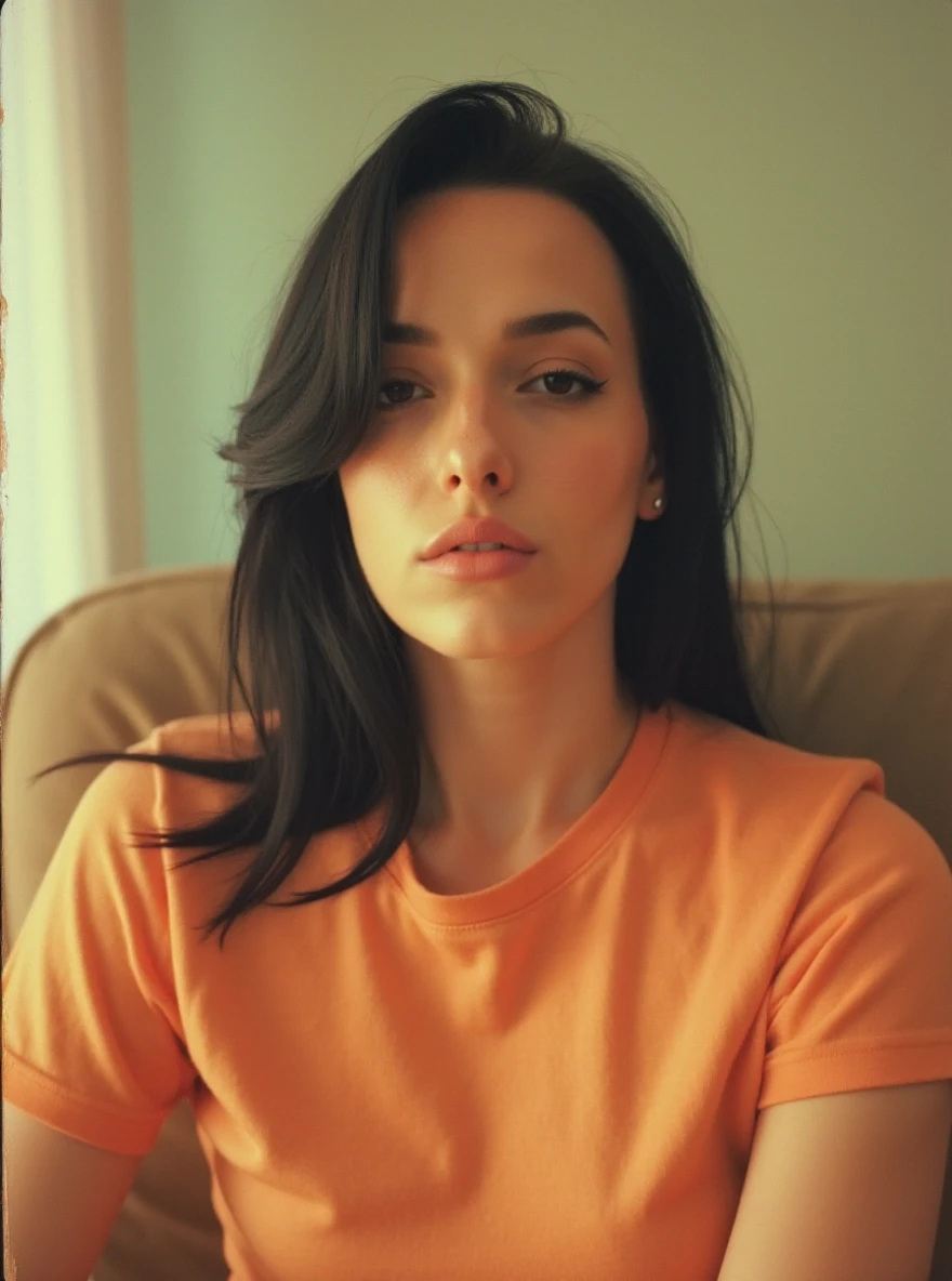 blurry old photograph of ell1nr0s3 woman, wearing a light orange tshirt, in a living room, detailed face, bleached scratched damaged torn smudged dirty wrinkled polaroid, kodak portra 400, cine film still, natural lighting, highly detailed, absurdres

