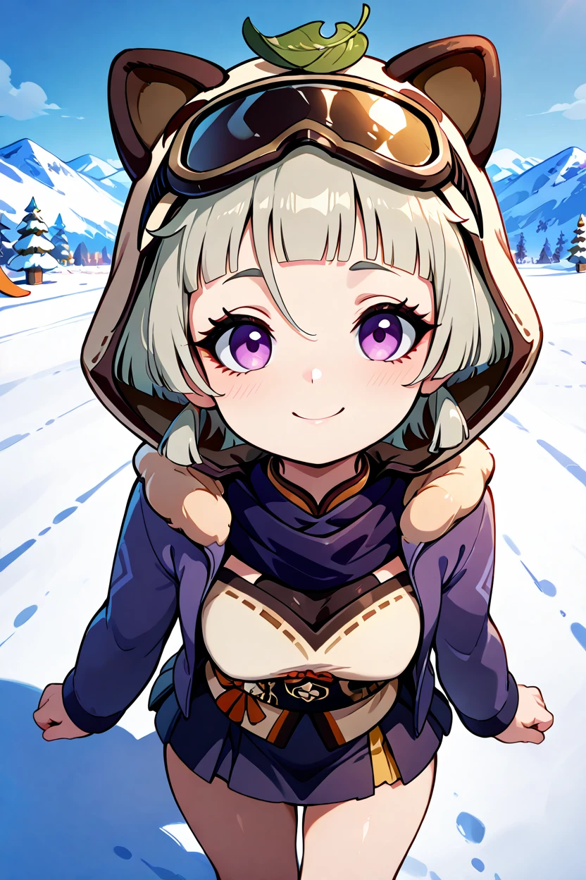 masterpiece, best quality, 32k, high resolution, absurdres, medium breasts, (curvy), cute, eyelashes, vivid colors, BREAK  ,,, zzSayu, sayu (genshin impact), solo, purple eyes, short hair, animal ears, blunt bangs, raccoon ears, leaf on head, fake animal ears, grey hair, sidelocks,  <lora:SayuGenshinIXL:1.0>,,,,,, tiny woman, small woman , petite, short body, skinny, cute girl, pretty girl, innocent girl, snowbunnies,  ski resort mountaintop,  instagram model, fur trim, jacket,  next to snowboard, ski goggles on head, detailed face, perfect makeup, long eyelashes, skirt, fit body, smile, shy, looking at viewer, high angle, <lora:GoldenCATLoraIXL:0.6>, <lora:princess_xl_v2:0.3>, <lora:snowbunnies:0.8>,