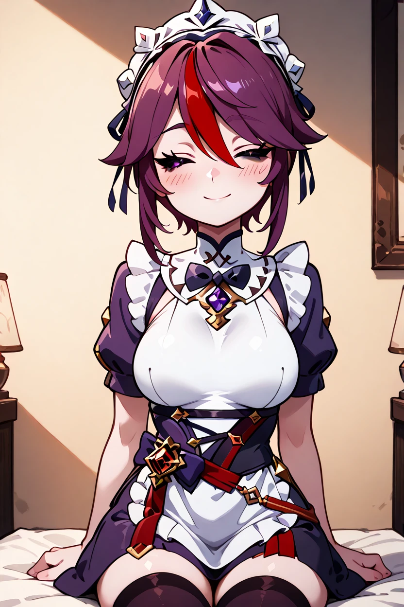 masterpiece, best quality, 32k, high resolution, absurdres, medium breasts, (curvy), cute, eyelashes, vivid colors, BREAK  ,,, zzRosaria, rosaria (genshin impact), solo, bags under eyes, hair between eyes, long eyelashes, multicolored hair, purple eyes, purple hair, red hair, short hair, streaked hair,  <lora:RosariaGenshinIXL:1.0>,,,,,,<lora:ShowByRock_Illustrious:1>, <lora:GoldenCATLoraIXL:0.8>,,,  solo, blush, smile, thighhighs, dress, bow, sitting, closed eyes, striped, maid headdress, bell, striped thighhighs,