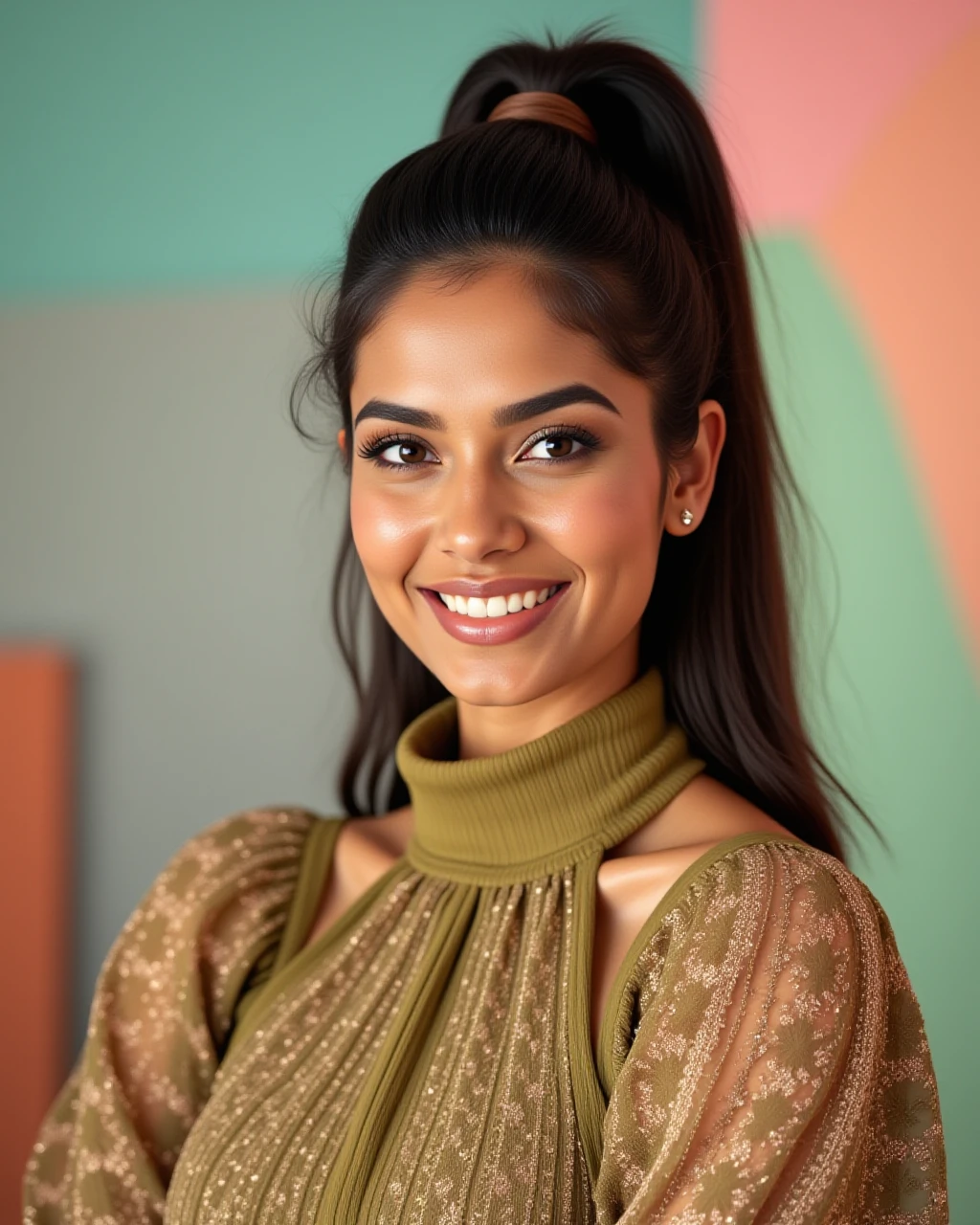 cowboy shot photo of desi_dark woman,candid photo with natural colors, smiling expression on Rhombus shaped face,studio quality, wearing intricate conservative turtleneck Olive Indo-Western Gown, high ponytail, pastel shaded multicolored background in summer, background bokeh with shallow depth of field<lora:Desis\Flux\DesiCoffee_Flux_Kohya_LoRA_v2.safetensors:0.6:0.6>