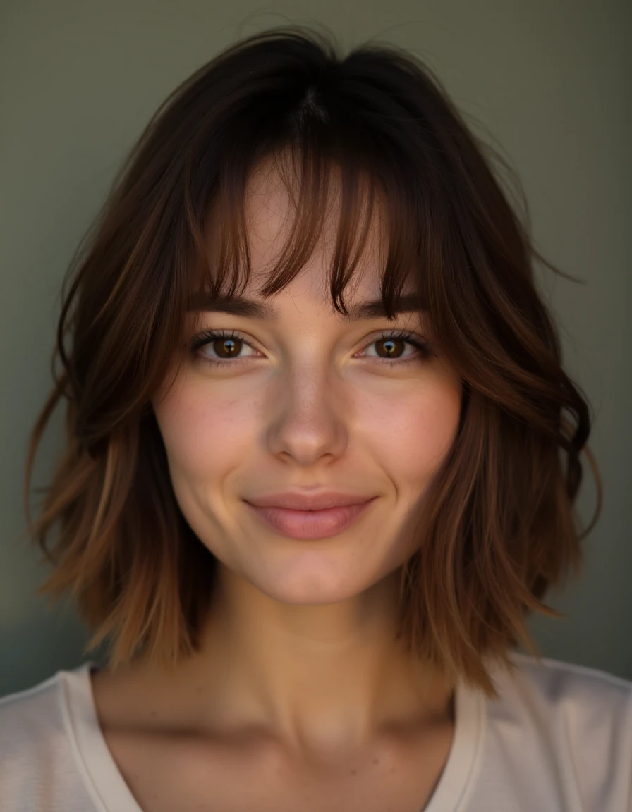 a portrait photo of a 20 year old woman with brown eyes, brown bob hair, a sarcastic smile on her face,
(zeta),  <lora:Zeta-000003:2>