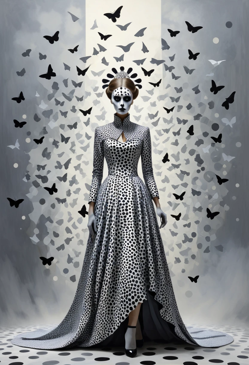 heaven, undead bride, geometric animal print, James Bama, Alexander Calder, Isadora Duncan, impressionism style, character concept, surrealism style, and grays, foreground effect, This style reflects movement and fashion elegance, illusionism style,, polka dot pattern, resulting in a high-resolution, ethereal  <lora:artfully_SELECTED:0.505>