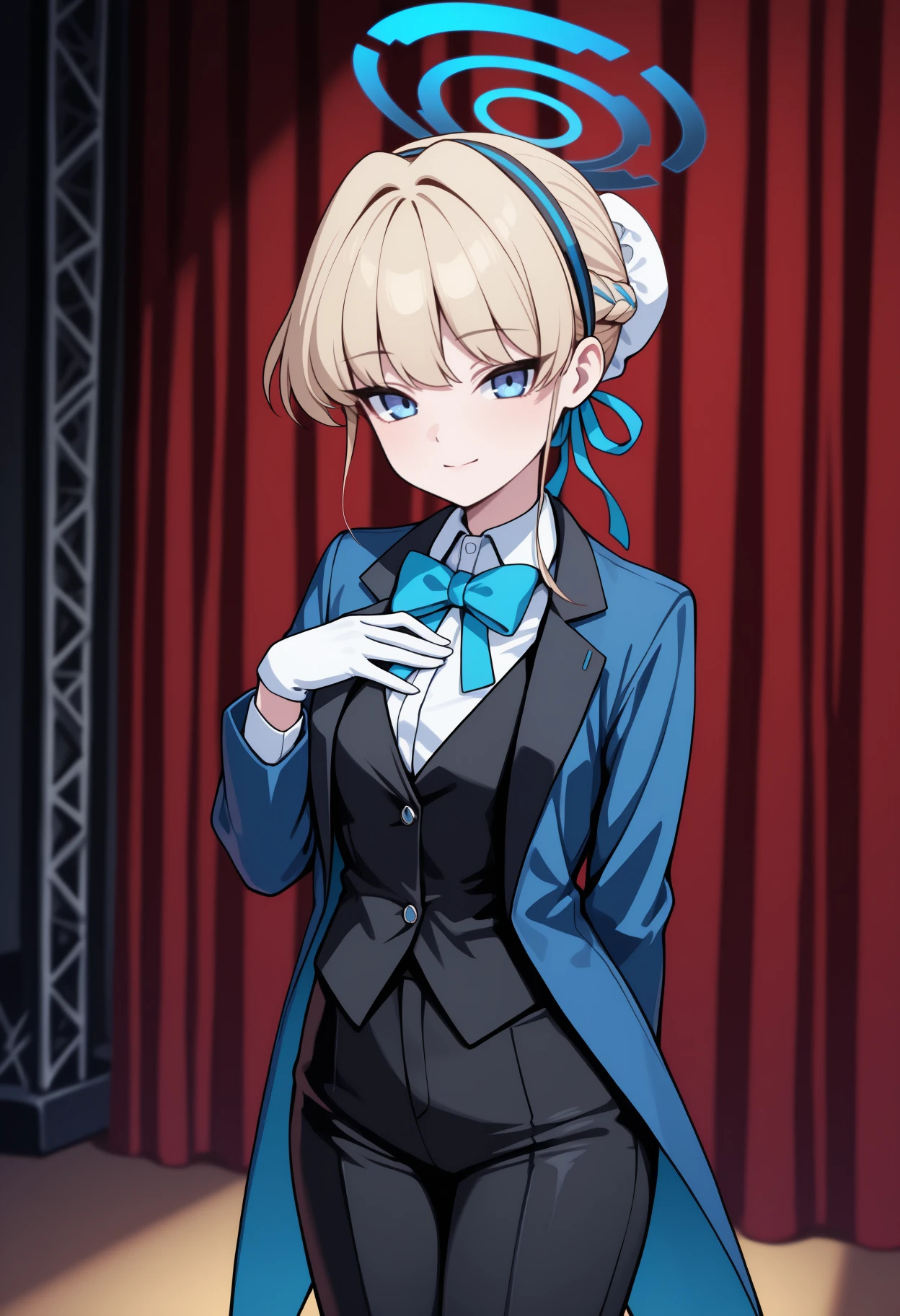 masterpiece, best quality, <break> solo, 1girl, t0kidef, slight smile, closed mouth, looking at viewer, standing, hand on own chest, arm behind back, legs together, short hair, blonde hair, french braid, single hair bun, bun cover, hair ribbon, blue ribbon, blue halo, blue eyes, blue coat, coattails, open coat, long sleeves, black vest, white shirt, collared shirt, blue bowtie, white gloves, black pants, stage, curtains
<segment:yolo-Anzhc Face seg 640 v2 y8n.pt,0.4,0.5//cid=1>