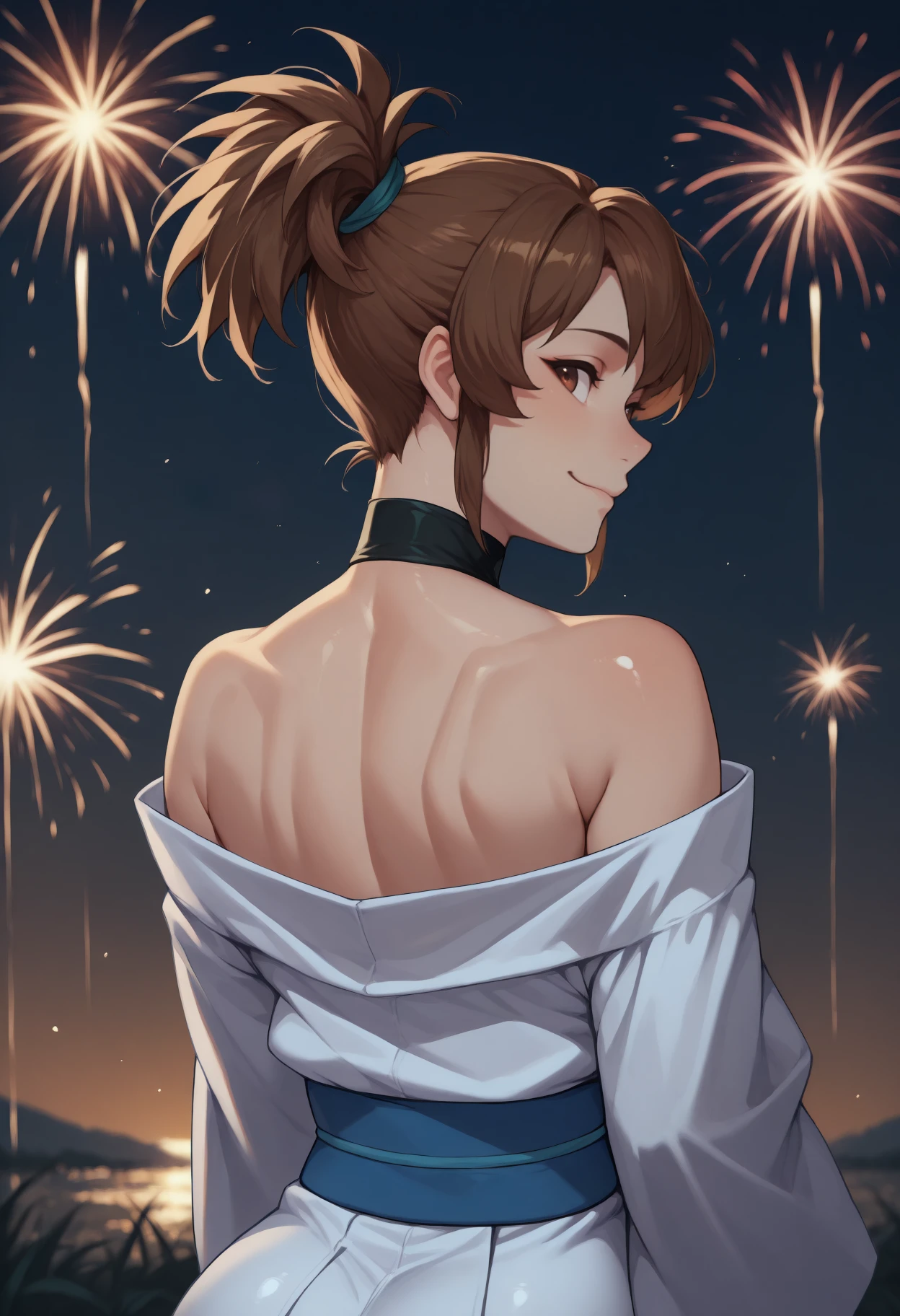 anime, masterpiece, best quality, <break> from behind, solo, 1girl, m4rci, slight smile, looking back, short hair, brown hair, ponytail, brown eyes, japanese clothes, white kimono, off shouder, blue sash, bare shoulders, fireworks
<segment:yolo-Anzhc Face seg 640 v2 y8n.pt,0.4,0.5//cid=1>