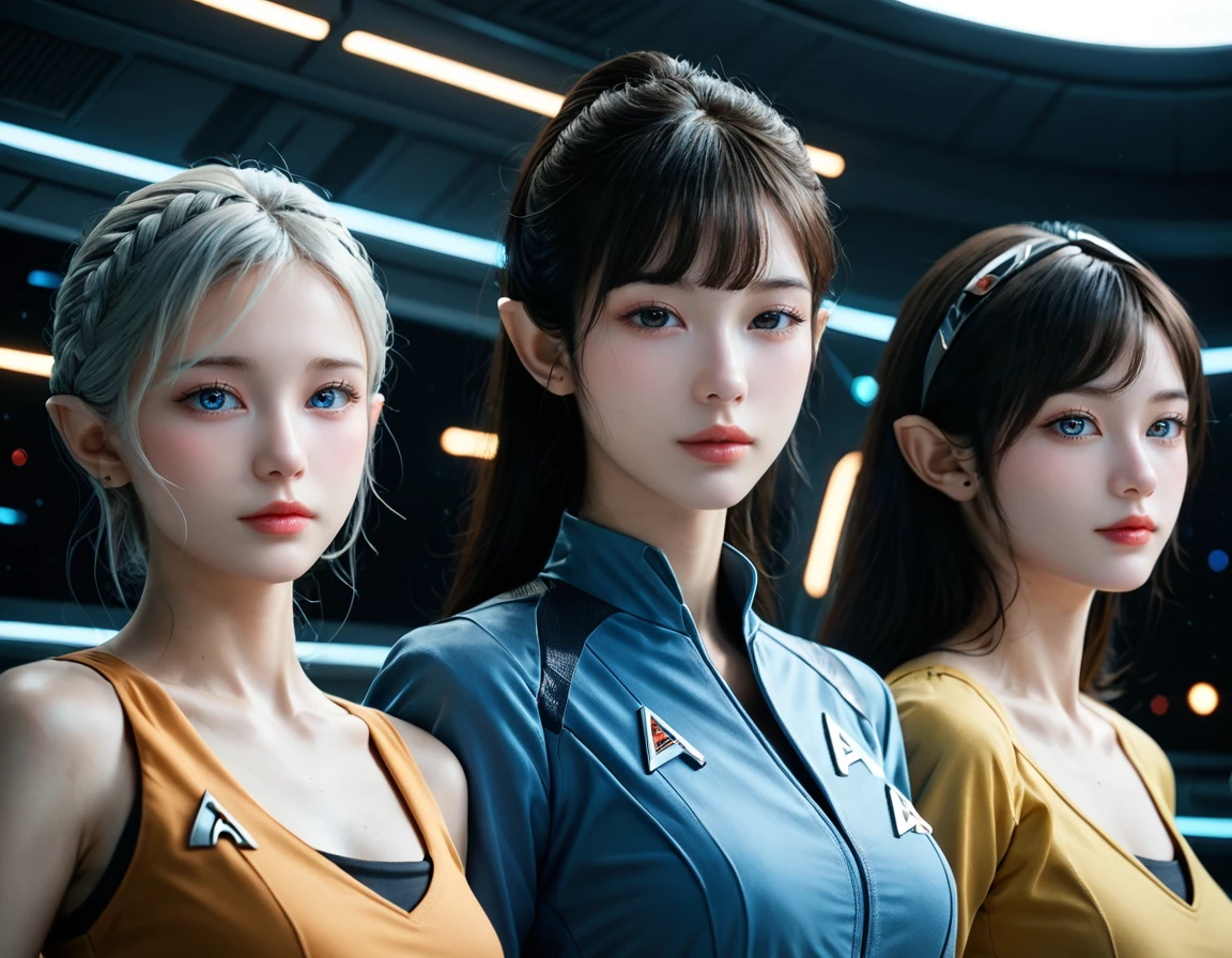 score_9, score_8_up, score_7_up, details,volumetric lighting, dynamic angle, rating_safe,
 <lora:vulcanears:1>, vulcanears, anime style,  futuristic, star trek, pale skin, multiple hair colors,  multiple eye colors, oblique angle, cropped shoulders, rim lighting, 3girls, space setting, looking at viewer, side view, full body, short dress,<lora:add-detail-xl:1.5>,