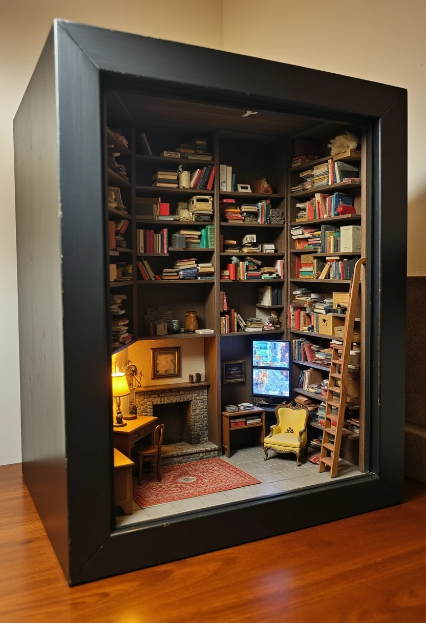 m1n1art, A detailed bookcase doubling as a miniature 80s bedroom, featuring furniture, books, and stairs on a wooden table.


