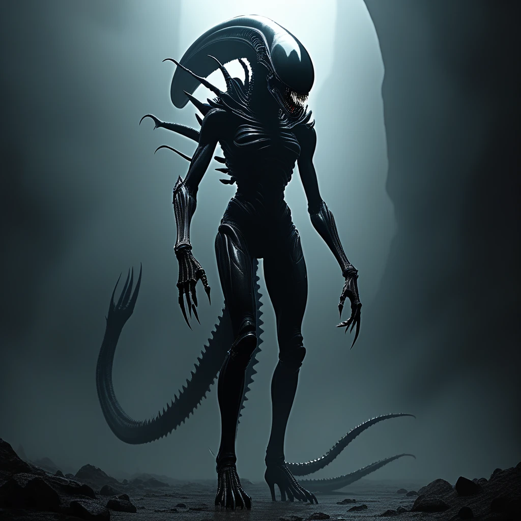 full body portrait of a xenomorph queen, towering and majestic, intricate biomechanical design, elongated head, and elongated tail, glossy black exoskeleton gleaming under dim light, sharp claws and teeth exposed, surrounded by a dark, alien landscape with mist and shadows, concept art by H.R. Giger, highly detailed, cinematic atmosphere, Trending on Artstation, unreal engine 5, 4K UHD image