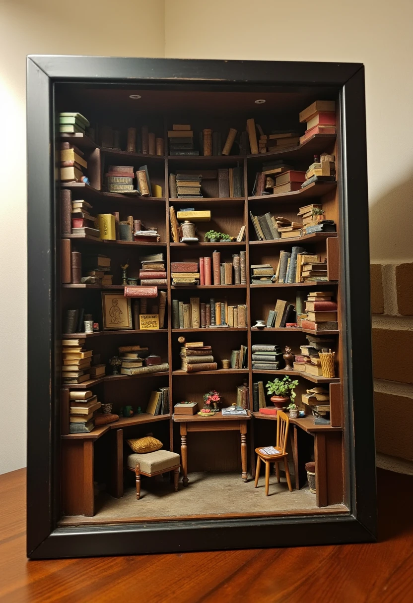 m1n1art A miniature bookcase filled with books and furniture, sitting on a wooden table with stairs leading up to a wall


