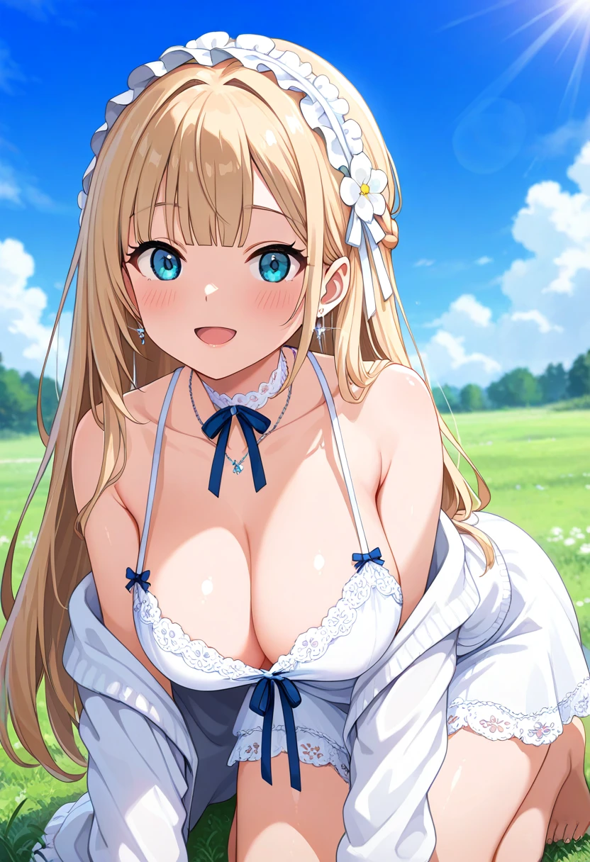 ((highest quality、High resolution))、A beautiful woman、Perfect body、beautiful ample breasts、Nipples、Long blonde、bangs、Blue and white、Embellished blue sexy dress、skirt、a sexually excited look、I spread my legs wide open to show you my pussy、Love juice dripping from pussy、I'm inviting you to have sex、Outdoor Scenery