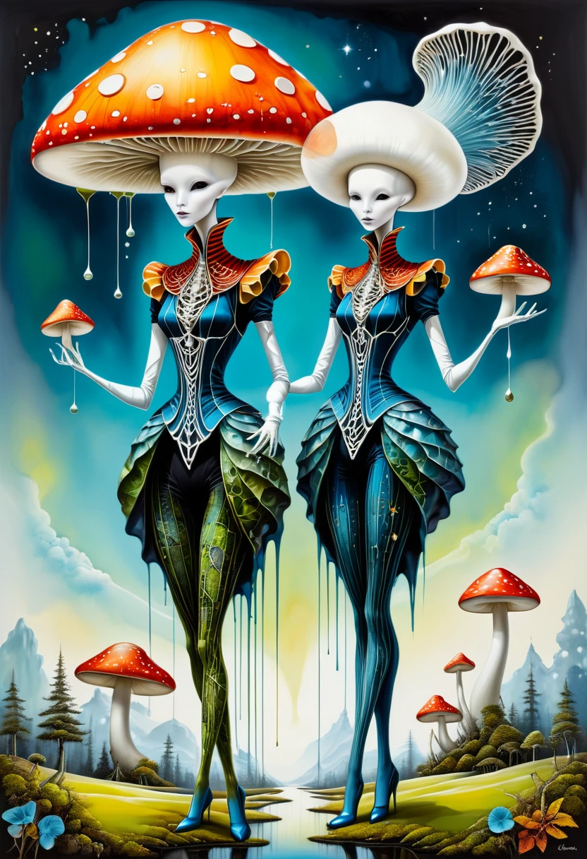 geometric animal print, the threads forming complex geometric shapes around her, Two elegant aliens with white mushroom-shaped heads, Hannah Jennings, Michael Cheval, Michael Whelan, alcohol ink, collage with paint overlays, Vignette, horizon-blending, An animal silhouette painted with streaks of dripping ink, vibrant highlights accents, standing tall with graceful curves and flowing lines, mesmerizing, vintage palette,, featuring a mossy texture and rounded off edges,  <lora:artfully_SELECTED:0.505>