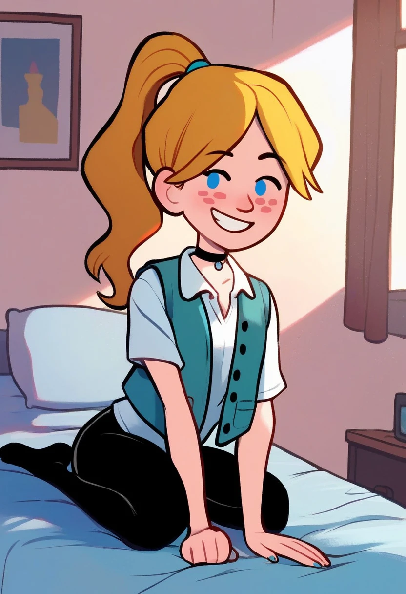 score_9, score_8_up, score_7_up, score_6_up, score_5_up, 1girl, solo,
(source cartoon),
<lora:Izzy (Storybooth):0.9>
Izzy_Storybooth, blonde hair, high ponytail, freckles, dot eyes,
choker, grin, teeth,
(leggings), cowgirl outfit, vest,
seductive pose, dutch angle,
indoors, (detailed background), bedroom, bed,
looking at viewer, coy smile, flirtatious look,
sultry expression, blush,