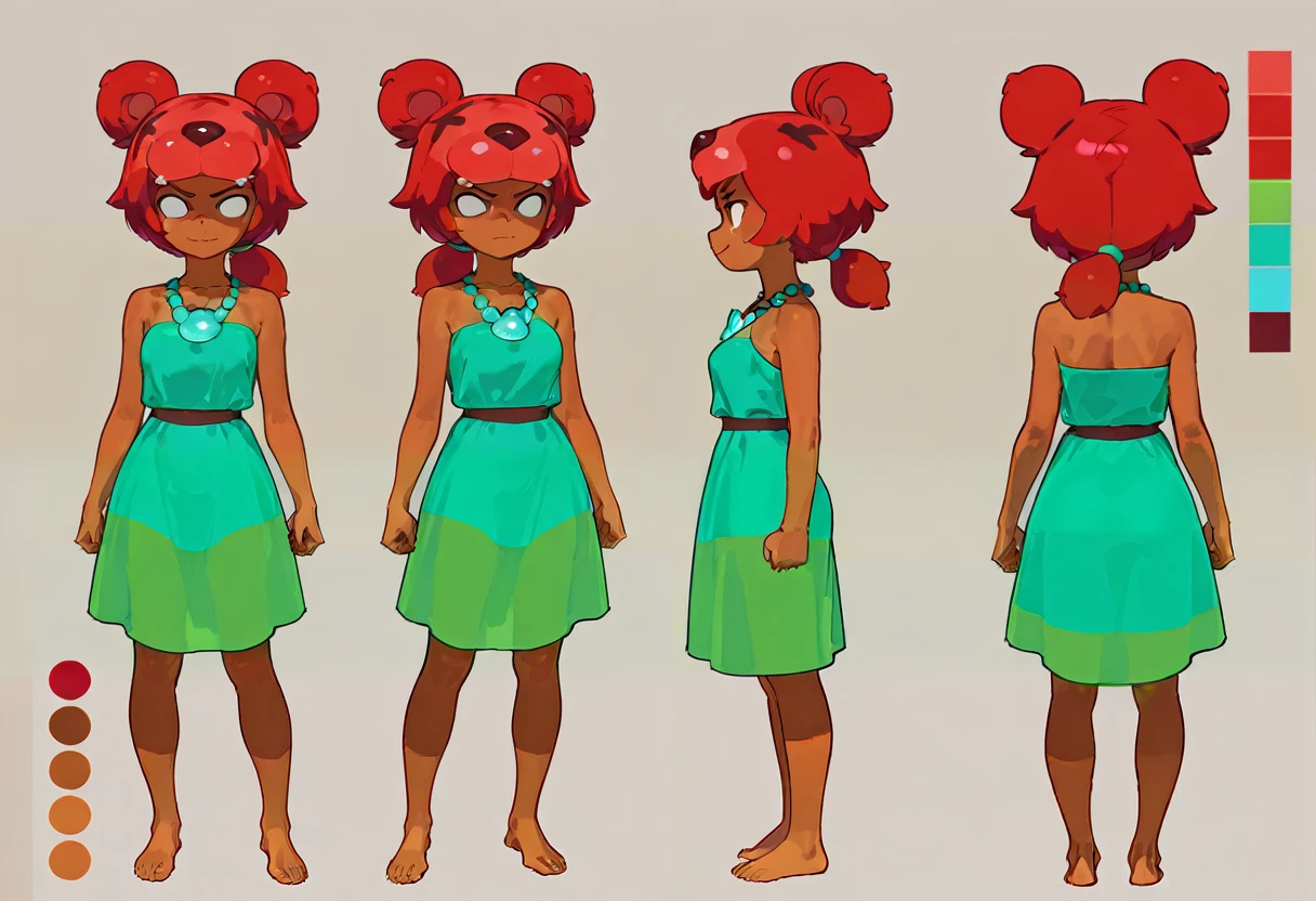 1girl, nita, no pupils, red hair, dark-skinned female,
necklace, dress, 
multiple views, color guide, reference sheet, profile, 
expressionless, smile, angry, 
full body, upper body, cropped legs, cropped torso, 
from behind, from side, from above, from below, 
masterpiece, best quality, amazing quality, very aesthetic, absurdres, newest <lora:Nita_illustrious-XL:1>