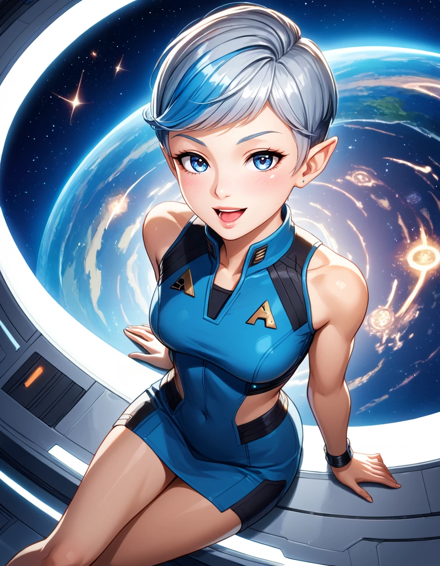 score_9, score_8_up, score_7_up, details,volumetric lighting, dynamic angle, rating_safe, source_anime, <lora:vulcanears:1>, vulcanears, vulcan, 1girl, evening futuristic, star trek,  blue-gray eyes, multicolored hair, pixie cut, medium hair , sitting, laughing, bird's eye view, feet out of frame, rembrandt lighting, futuristic clothes, alien planet