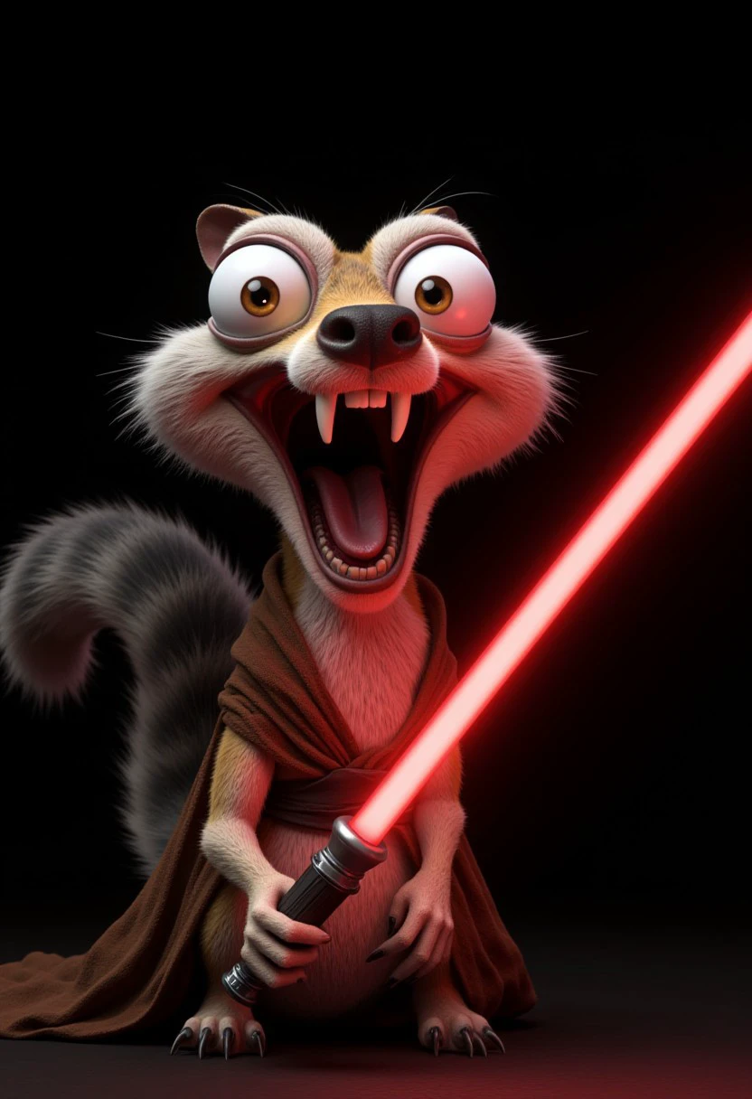 Create a close-up, dynamic portrait of a quirky, prehistoric squirrel with wildly bulging eyes and scruffy fur, reimagined as an evil Jedi. His wide-open mouth is frozen mid-scream, revealing sharp teeth, and his crazed expression radiates madness and dark power. He wields a glowing red lightsaber, the fiery glow reflecting off his wide, manic eyes and scruffy fur.
His bushy tail arches behind him, adding to his dramatic silhouette, and he wears a tattered Sith robe that drapes menacingly over his small frame. The plain, dark background enhances the focus on his chaotic energy and villainous presence. Rendered in 8k resolution, with hyper-realistic textures capturing the chaotic detail of his fur, eyes, and the dramatic lighting from the lightsaber, creating an intense and cinematic masterpiece