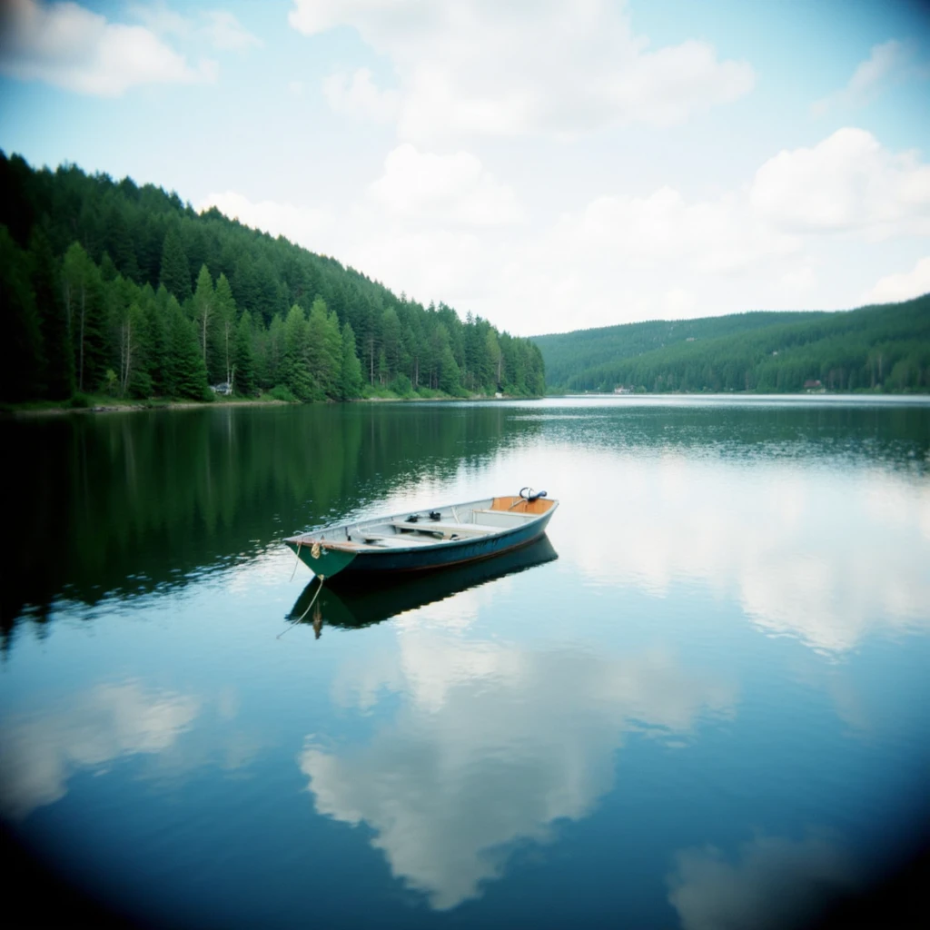 Shot with a Holga camera, a small boat floating on a calm lake