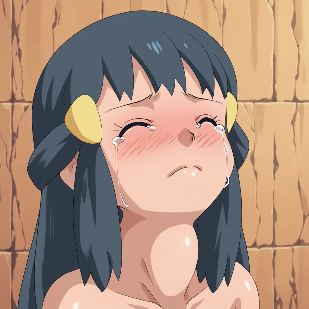 <lora:pokemon-dawn-anime-ponyxl-lora-nochekaiser:1>, pokemon dawn, black hair, blue eyes, sidelocks, long hair, nude, portrait, eyes closed, closed mouth, blush, swallowing, throat bulge, solo, 1girl, tears,  <lora:SwallowingLargeObject:0.8>, SwallowingLargeObject