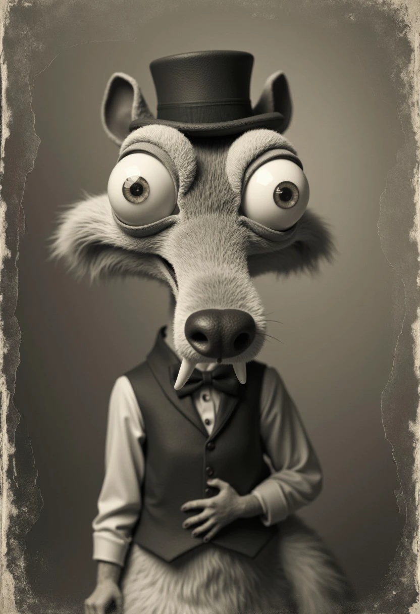 Create an old, weathered black-and-white photograph of a cartoonish, anthropomorphic squirrel with exaggerated, bulging eyes. The squirrel wears an old-timey suit complete with a vest and bow tie, along with a slightly crooked top hat. Its expression is comically intense, staring directly at the viewer with a mix of absurdity and charm. The background is faintly blurred, resembling a vintage studio setting, with cracks and creases in the photo to emphasize its aged and dilapidated appearance. The squirrel's sharp, exaggerated features are reminiscent of early 20th-century cartoon characters, giving it a quirky, nostalgic vibe