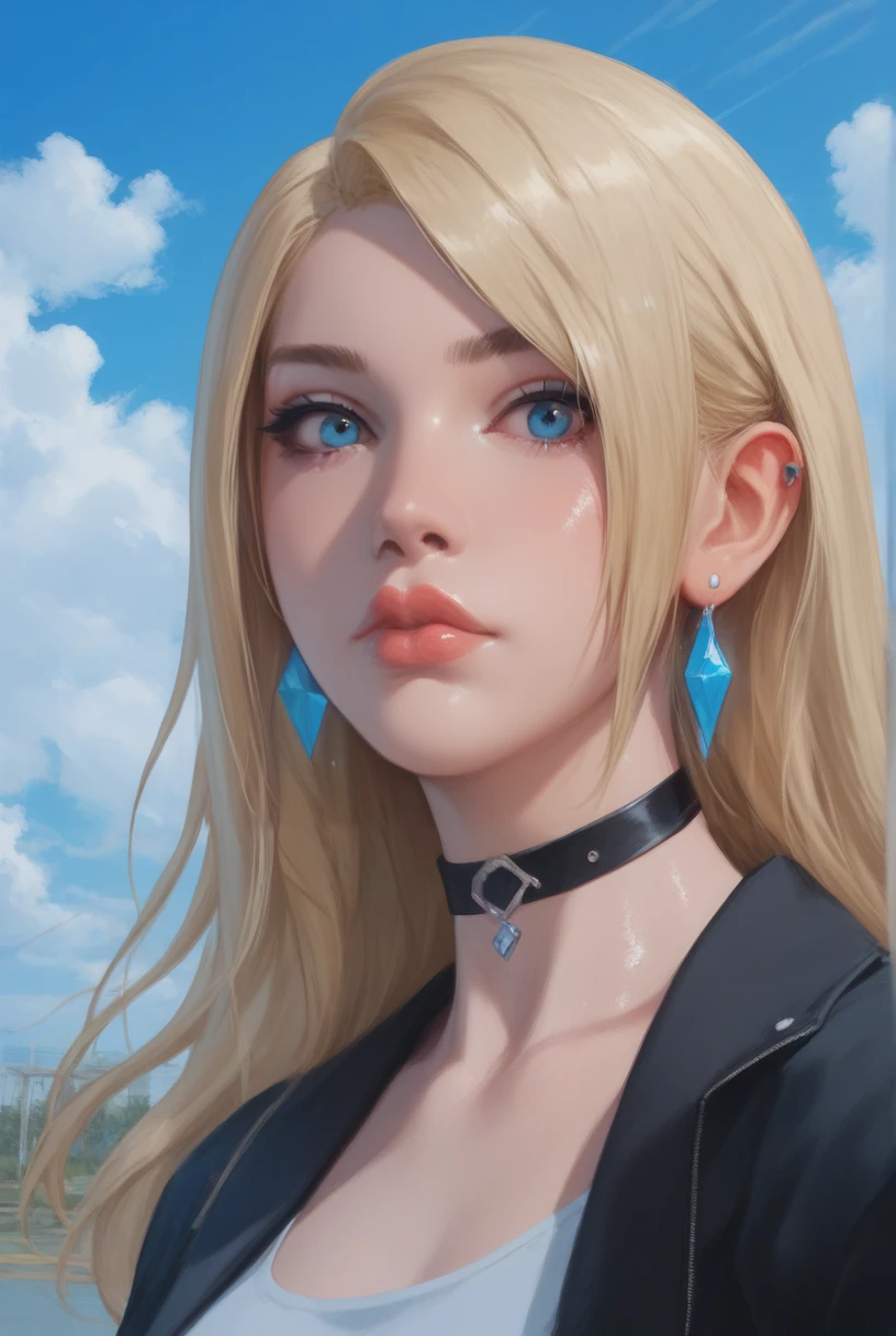 -score_9, score_8_up, score_7_up, BREAK,
portrait, looking at viewer,
-sayafox, 1girl, lips, long blonde hair, blue eyes, earrings, choker, long black jacket,
-outdoors, blue skies, clouds, lakeside,
-photoshoot, simple background, glistening skin, skin detail, subsurface scattering, rich color, vibrant,