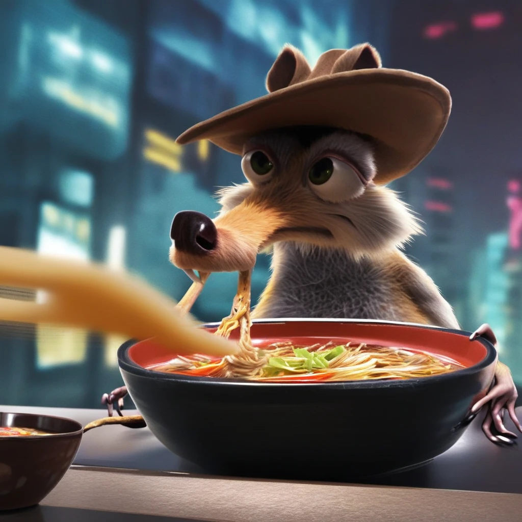 Scrat, eating a bowl of ramen, realistic, cyberpunk background, wearing a cowboy hat,