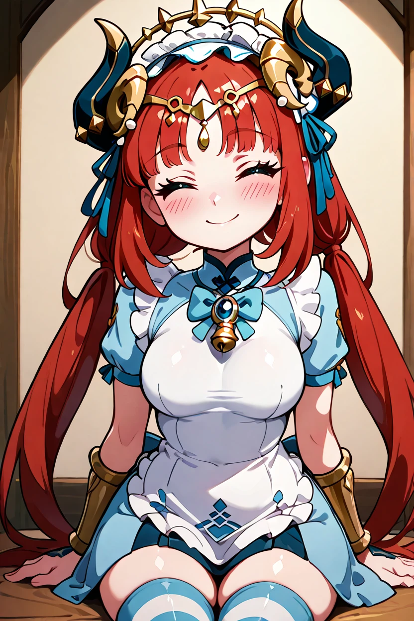 masterpiece, best quality, 32k, high resolution, absurdres, medium breasts, (curvy), cute, eyelashes, vivid colors, BREAK  ,,, zzNilou, red hair, twintails, blue eyes, long hair, bracer, circlet, fake horns,  <lora:NilouGenshinIXL:1.0>,,,,,,<lora:ShowByRock_Illustrious:1>, <lora:GoldenCATLoraIXL:0.8>,,,  solo, blush, smile, thighhighs, dress, bow, sitting, closed eyes, striped, maid headdress, bell, striped thighhighs,