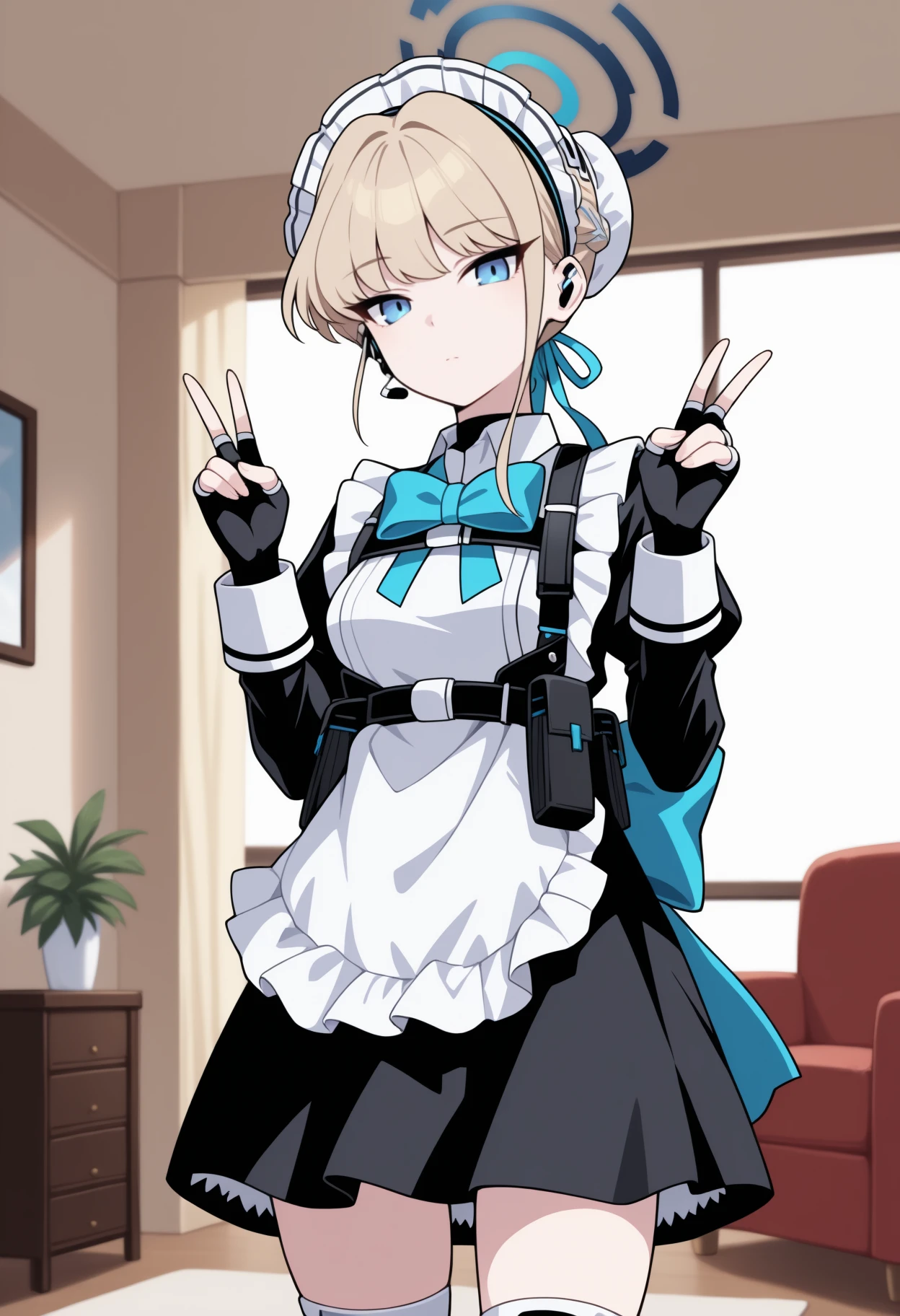 masterpiece, best quality, <break> solo, 1girl, t0kidef, expressionless, looking at viewer, standing, double v, short hair, blonde hair, french braid, single hair bun, bun cover, hair ribbon, blue ribbon, maid headdress, headset, blue halo, blue eyes, black dress, blue bowtie, chest harness, juliet sleeves, black gloves, fingerless gloves, back bow, blue bow, white apron, maid apron, white thighhighs, indoors, living room, window
<segment:yolo-Anzhc Face seg 640 v2 y8n.pt,0.4,0.5//cid=1>