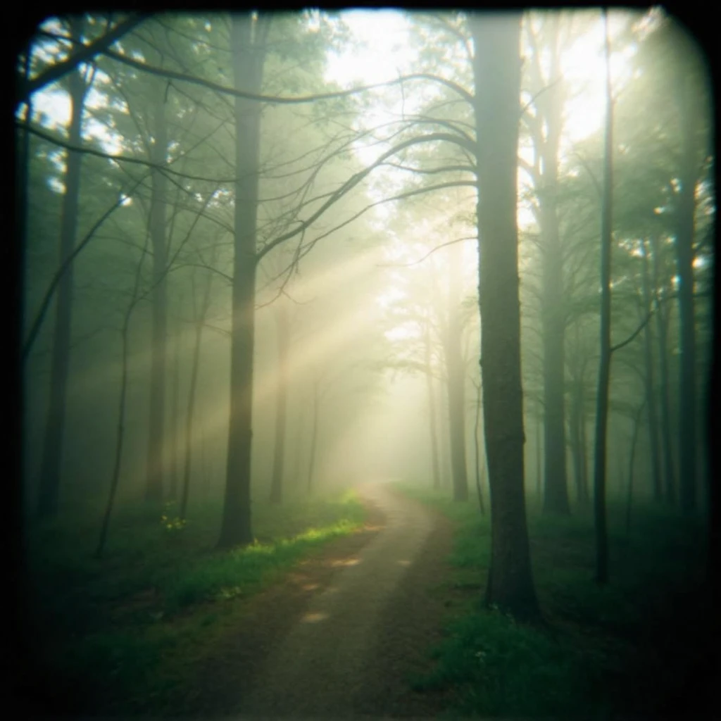 Shot with a Holga camera, a misty forest at dawn, with sunlight piercing through the dense trees, casting soft, ethereal beams of light, and a slightly blurred focus adding a dreamy atmosphere.