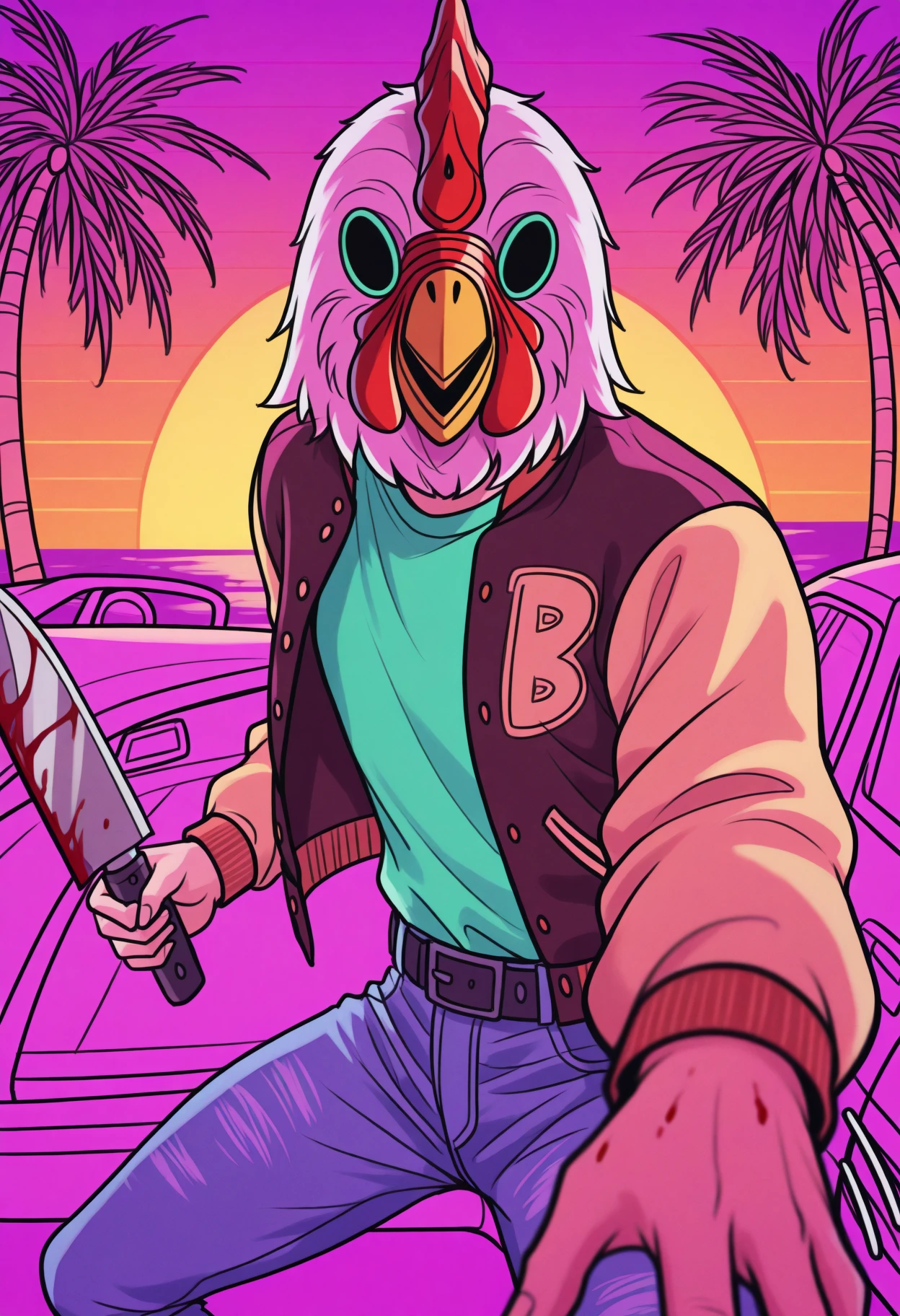 masterpiece, best quality, 1boy, solo, JacketHotlineMiami, mask, letterman jacket, green shirt, belt, jeans, open jacket, synthwave, purple theme, orange theme, car, palm tree, retro artstyle, sunset, horizon, looking at viewer, outdoors, dynamic pose, foreshortening, motion lines, motion blur, fighting stance, holding knife, blood, sketch, lineart, reaching towards viewer, <lora:ChamJacketHMIllustriousXL:1>