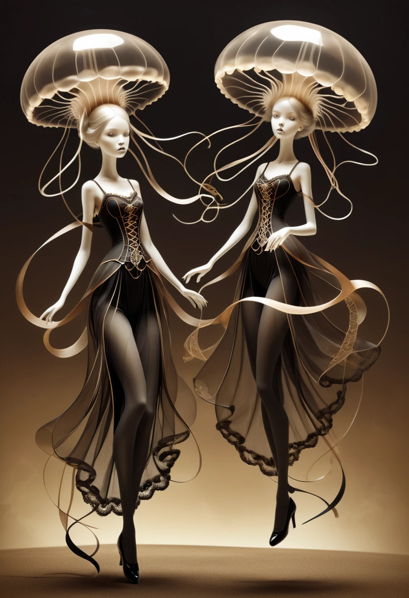 jellyfish, 2boys, A digital illustration of an elegant woman in motion, Alexander Calder, Moebius, Claire Wendling, tilt shift effect, spirit-channeling, ribbon-like extensions, surrealism style, sepia tint accents, in the style of halloween, burnished finish, with a focus on the figures, soft lighting, Lace  <lora:artfully_SELECTED:0.505>