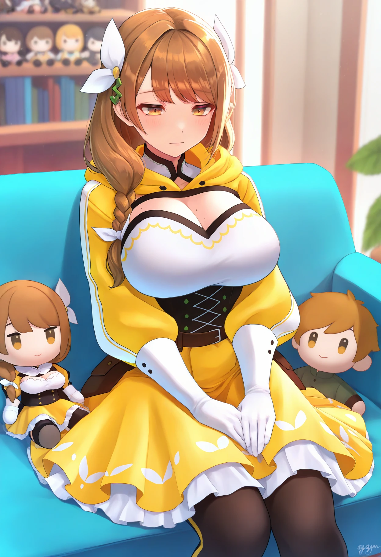 masterpiece, best quality, 1girl, <lora:GoldmaryFE-illu:1> defGm, long hair, braid, brown hair, brown eyes, hair ribbon, hair ornament, hooded jacket, shrug \(clothing\), cleavage cutout, large breasts, mole on breast, white gloves, black corset, yellow skirt, leggings, hands on lap, character doll, closed mouth, couch, indoors