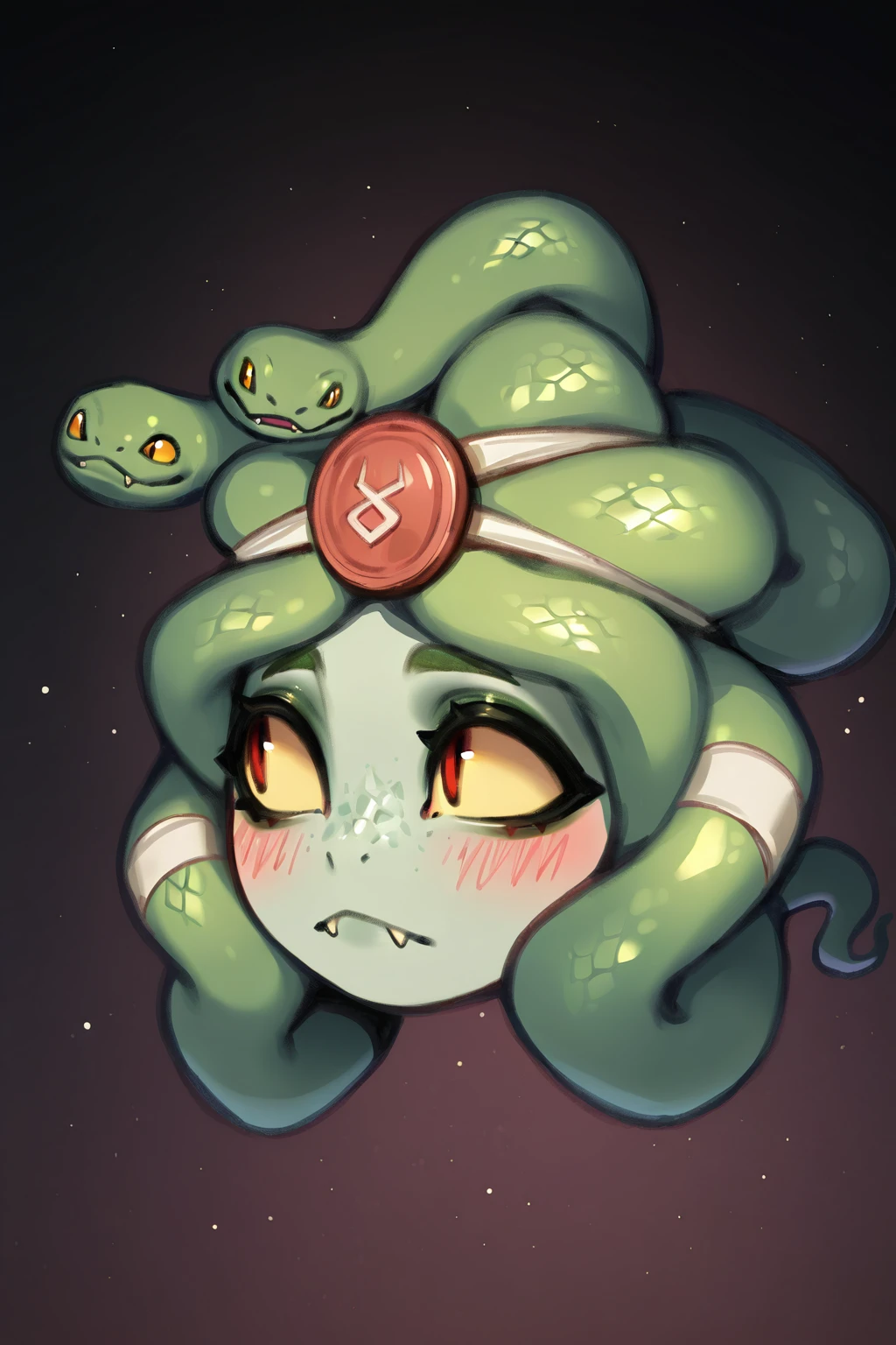 feminine, masterpiece, best quality, newest, absurdres, highres, dusa, gorgon, bandage, medallion, snakehair, blush, disembodied head, floating, neckless, monstergirl, scales sideview, looking to the side
BREAK
dark background, dynamic background,  <lora:Dusa_IL:1>