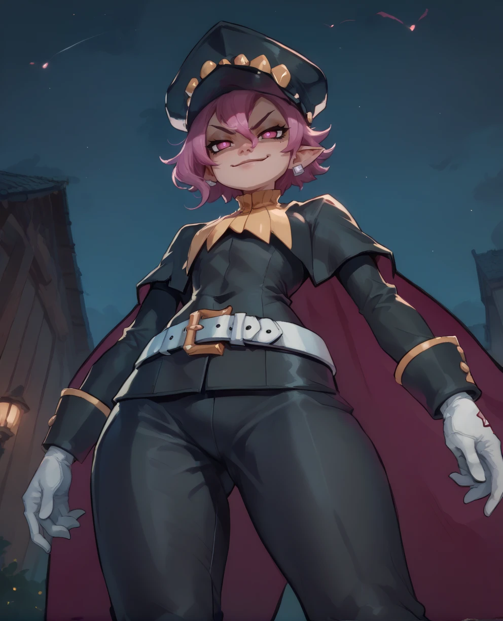 score_9,score_8_up,score_7_up,score_6_up,
psychicxl,short lavender hair,pink eyes,
hips,pants,from below,smug,
white gloves,small earrings,white belt,black uniform with long sleeves,shako cap,cape,
military base,night,
<lora:Psychicxl:0.9>,