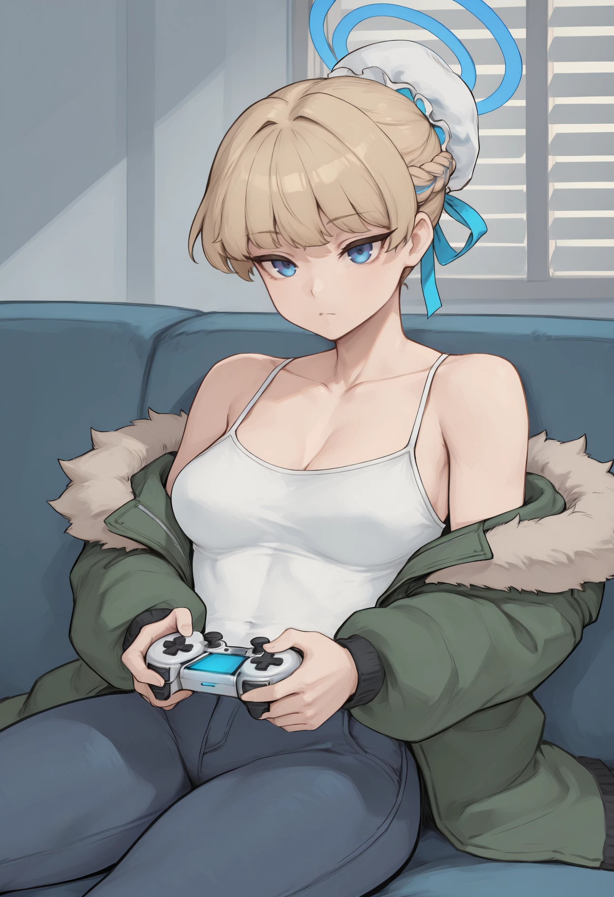 masterpiece, best quality, <break> solo, 1girl, t0kidef, expressionless, sitting, couch, holding controller, playstation controller, short hair, blonde hair, french braid, single hair bun, bun cover, hair ribbon, blue ribbon, blue halo, blue eyes, green jacket, fur-trimmed jacket, off shoulder, long sleeves, white camisole, spaghetti strap, jeans, bare shoulders, collarbone, indoors, living room, window blinds
<segment:yolo-Anzhc Face seg 640 v2 y8n.pt,0.4,0.5//cid=1>